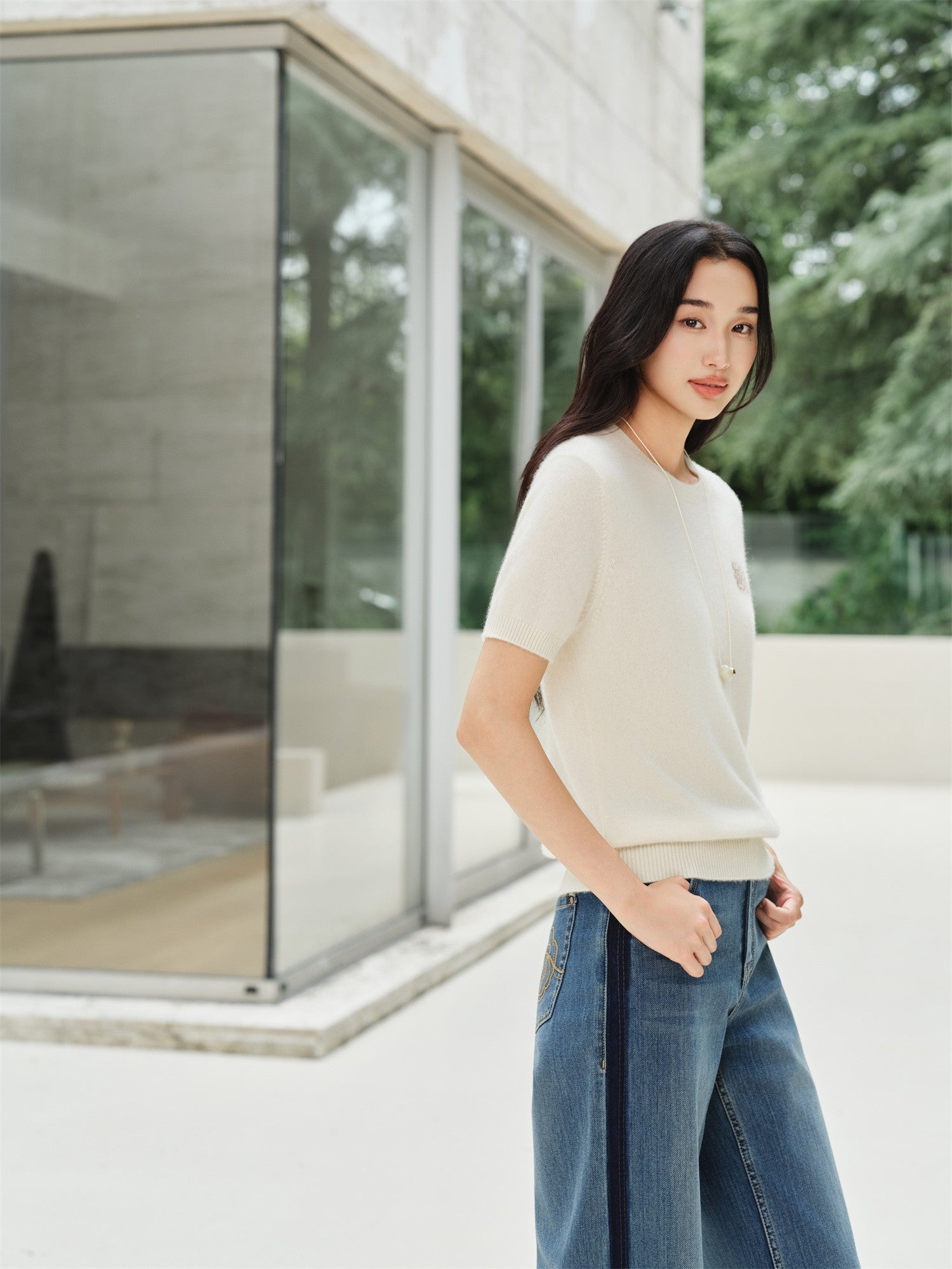 YAYING Crew Neck Short Sleeve Cashmere Sweater EPKAG9514AW