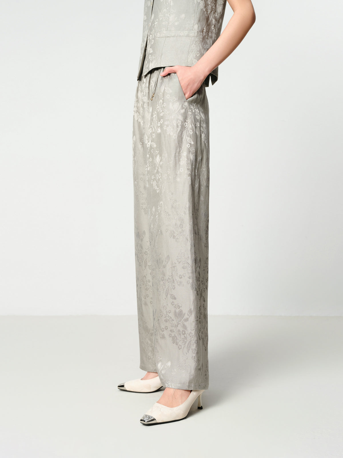 EP YAYING Linen Jacquard Wide-Leg Pants