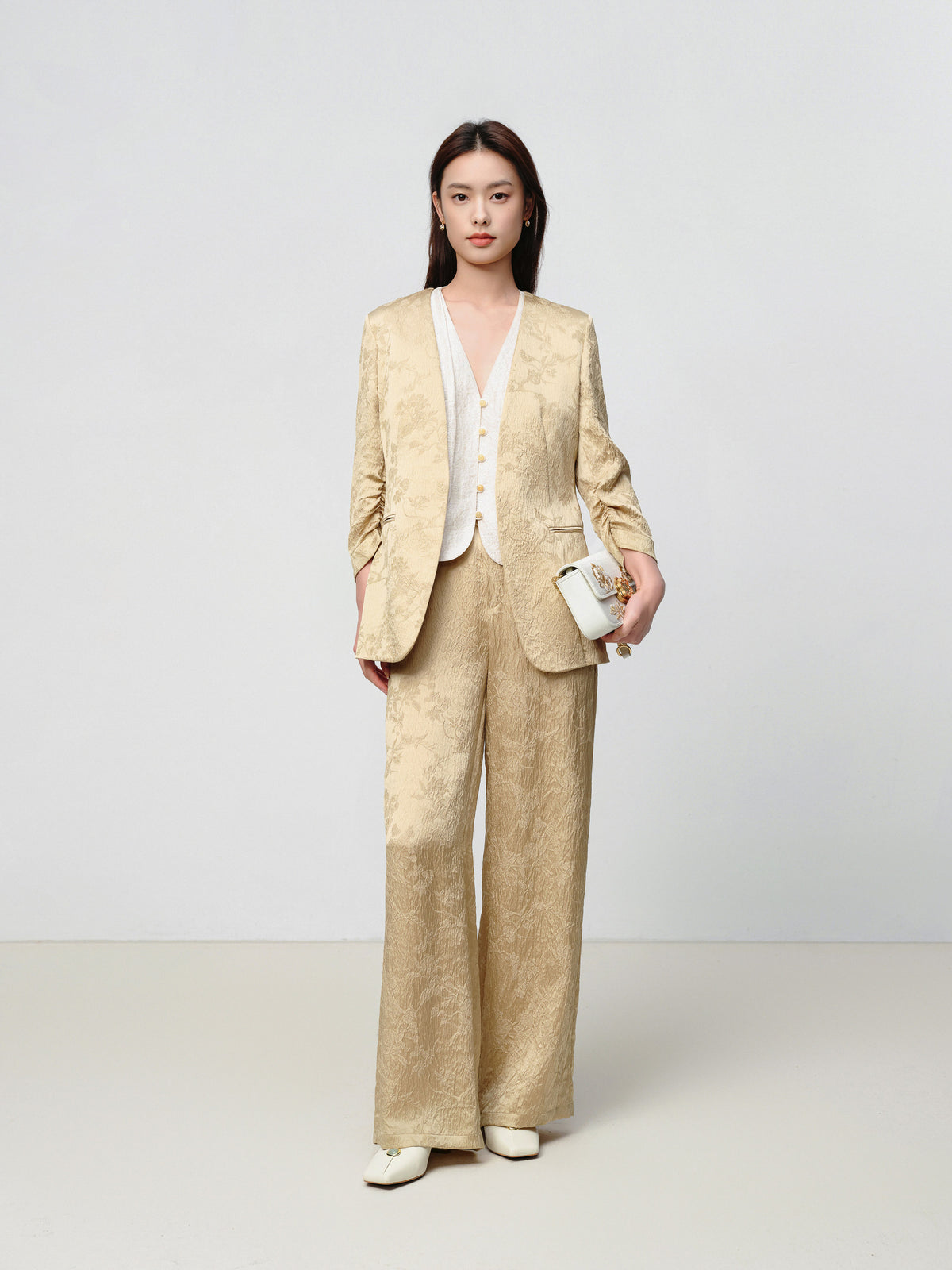 EP YAYING Mulberry Silk Jacquard 3/4 Sleeve Collarless Blazer Jacket