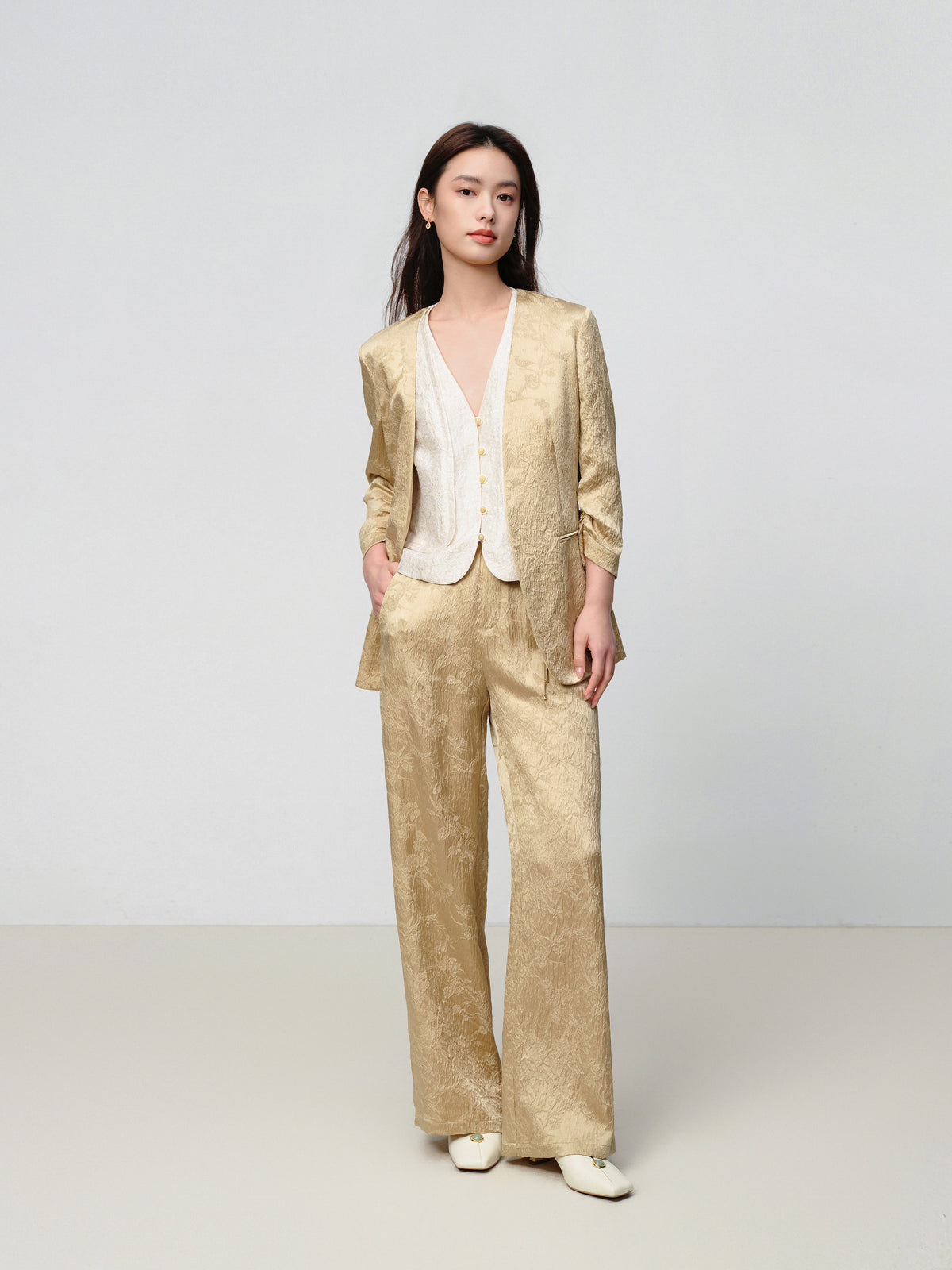 EP YAYING Mulberry Silk Jacquard 3/4 Sleeve Collarless Blazer Jacket