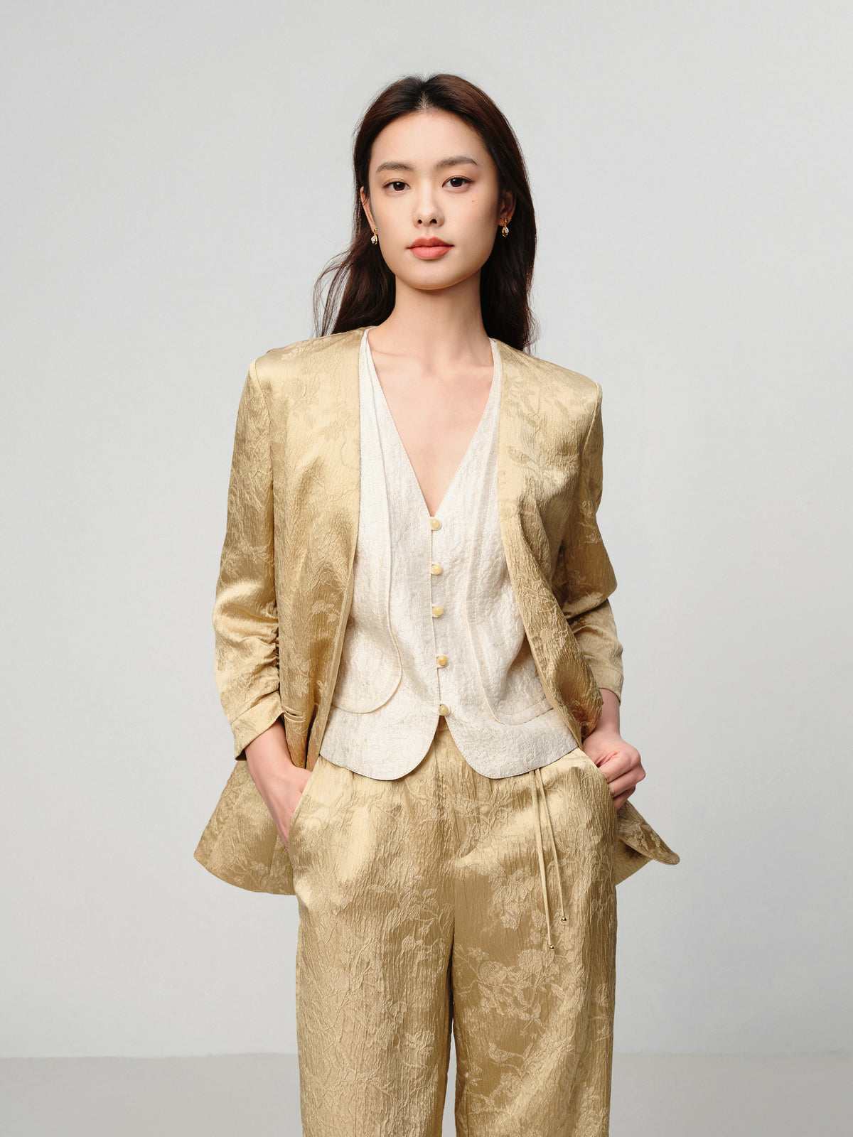 EP YAYING Mulberry Silk Jacquard 3/4 Sleeve Collarless Blazer Jacket