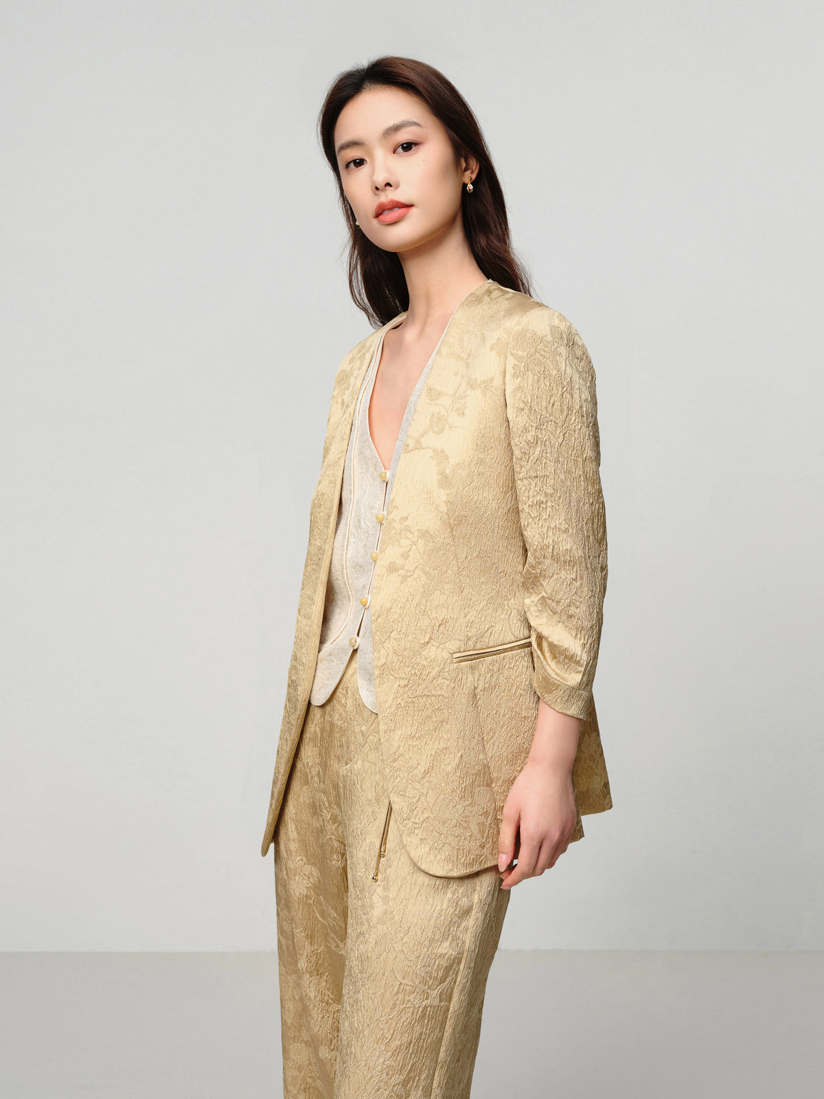 EP YAYING Mulberry Silk Jacquard 3/4 Sleeve Collarless Blazer Jacket