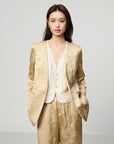 EP YAYING Mulberry Silk Jacquard 3/4 Sleeve Collarless Blazer Jacket