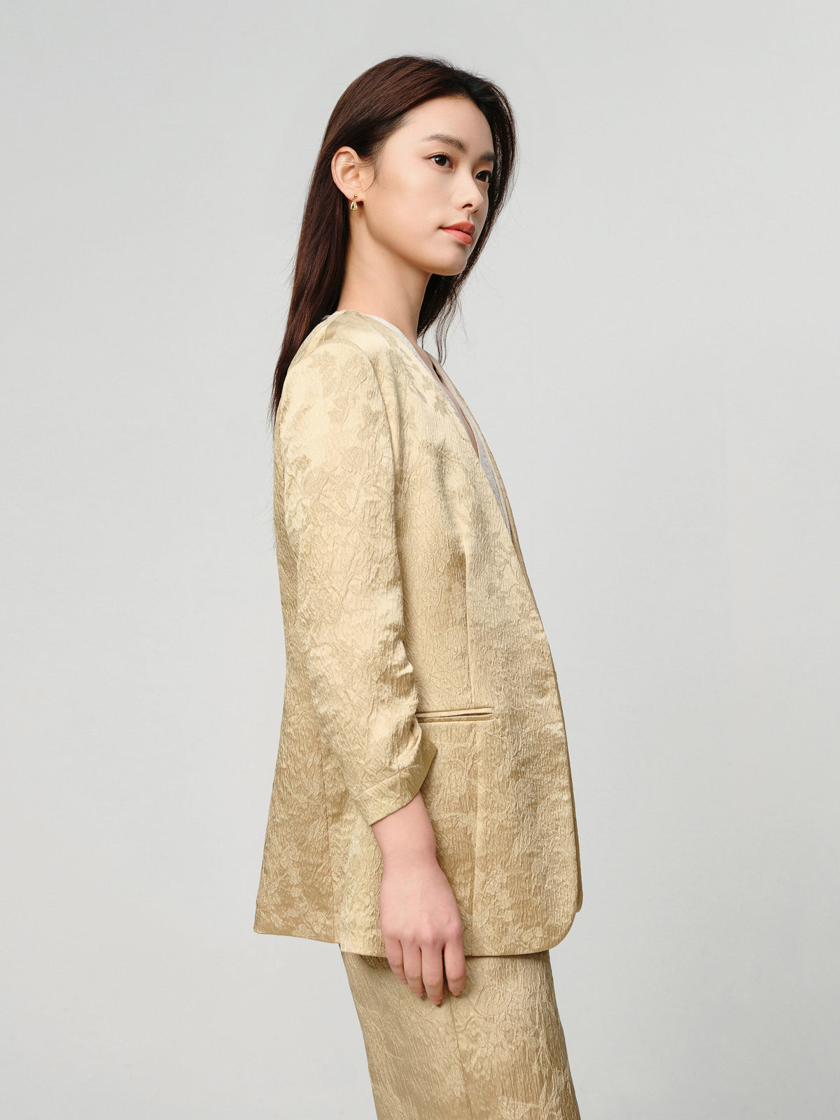 EP YAYING Mulberry Silk Jacquard 3/4 Sleeve Collarless Blazer Jacket