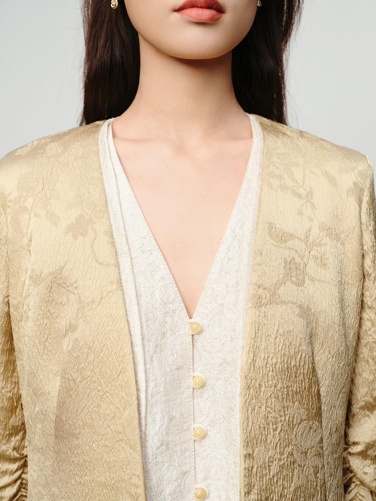 EP YAYING Mulberry Silk Jacquard 3/4 Sleeve Collarless Blazer Jacket