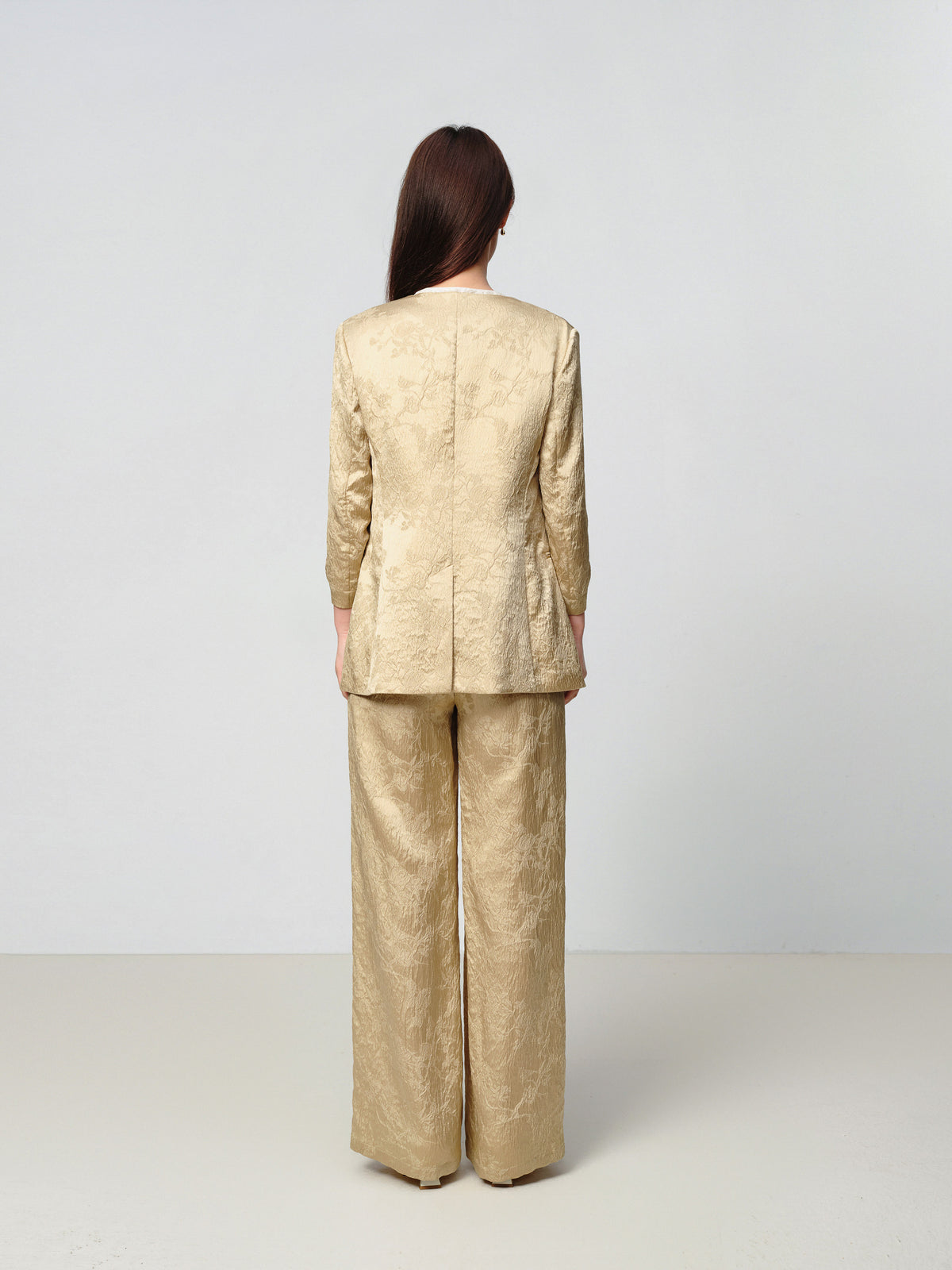 EP YAYING Mulberry Silk Jacquard 3/4 Sleeve Collarless Blazer Jacket