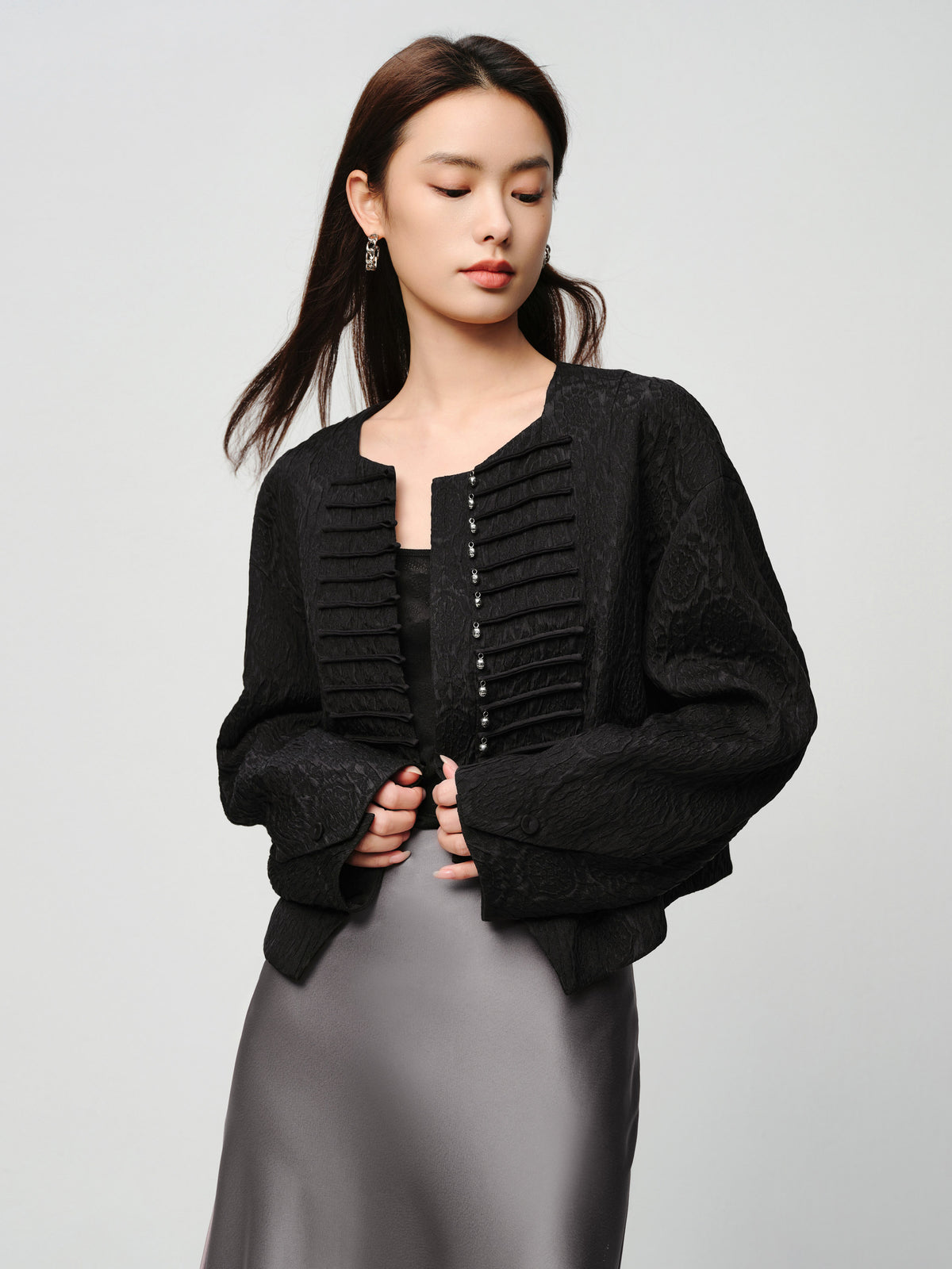 EP YAYING Blue Label Mulberry Silk Wool Jacquard Frog Button Jacket