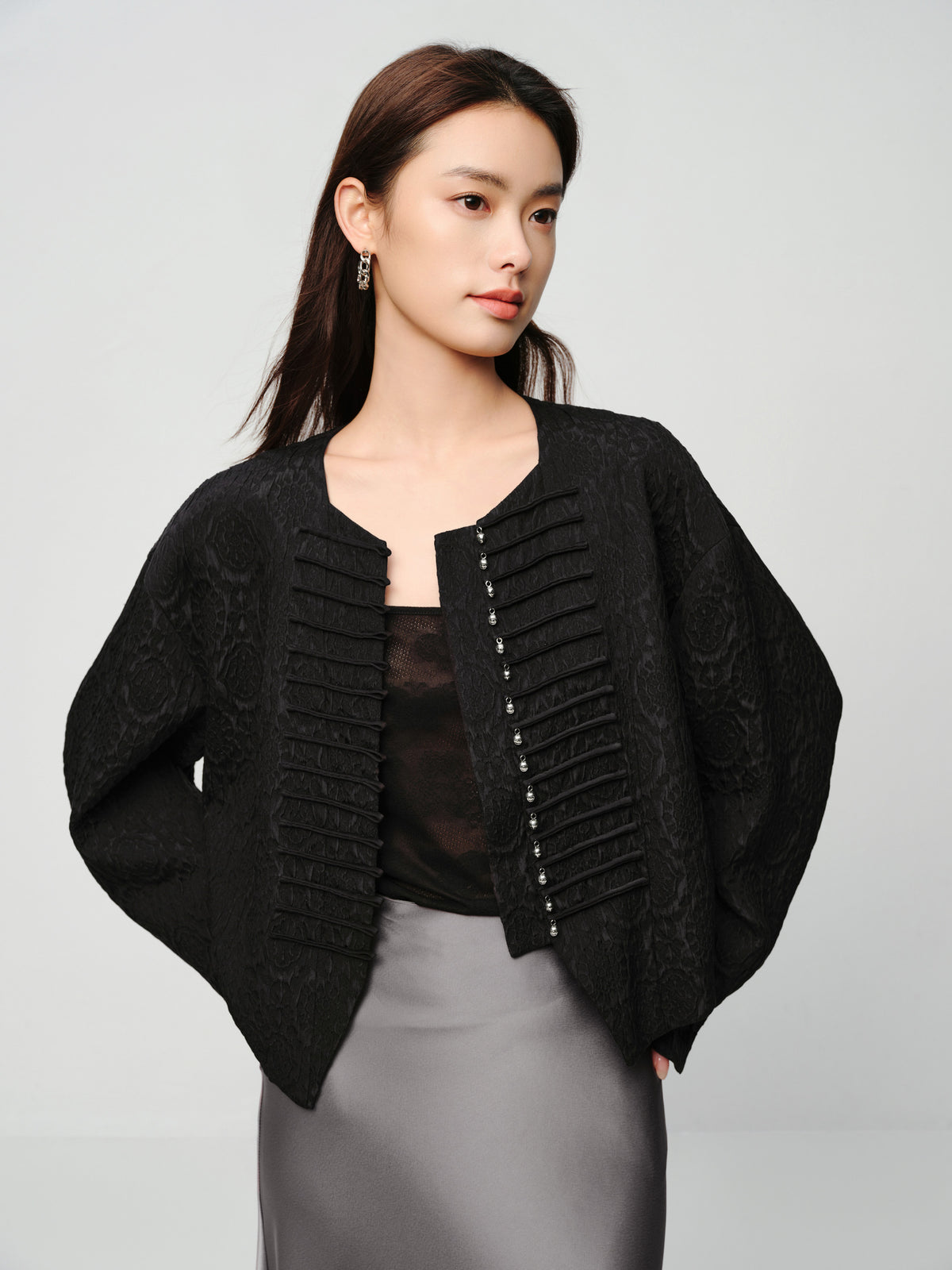 EP YAYING Blue Label Mulberry Silk Wool Jacquard Frog Button Jacket