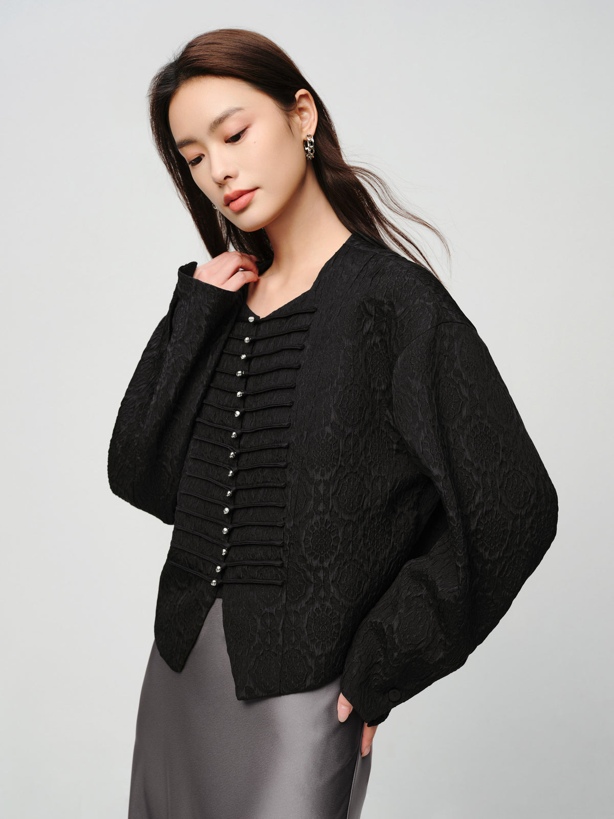 EP YAYING Blue Label Mulberry Silk Wool Jacquard Frog Button Jacket