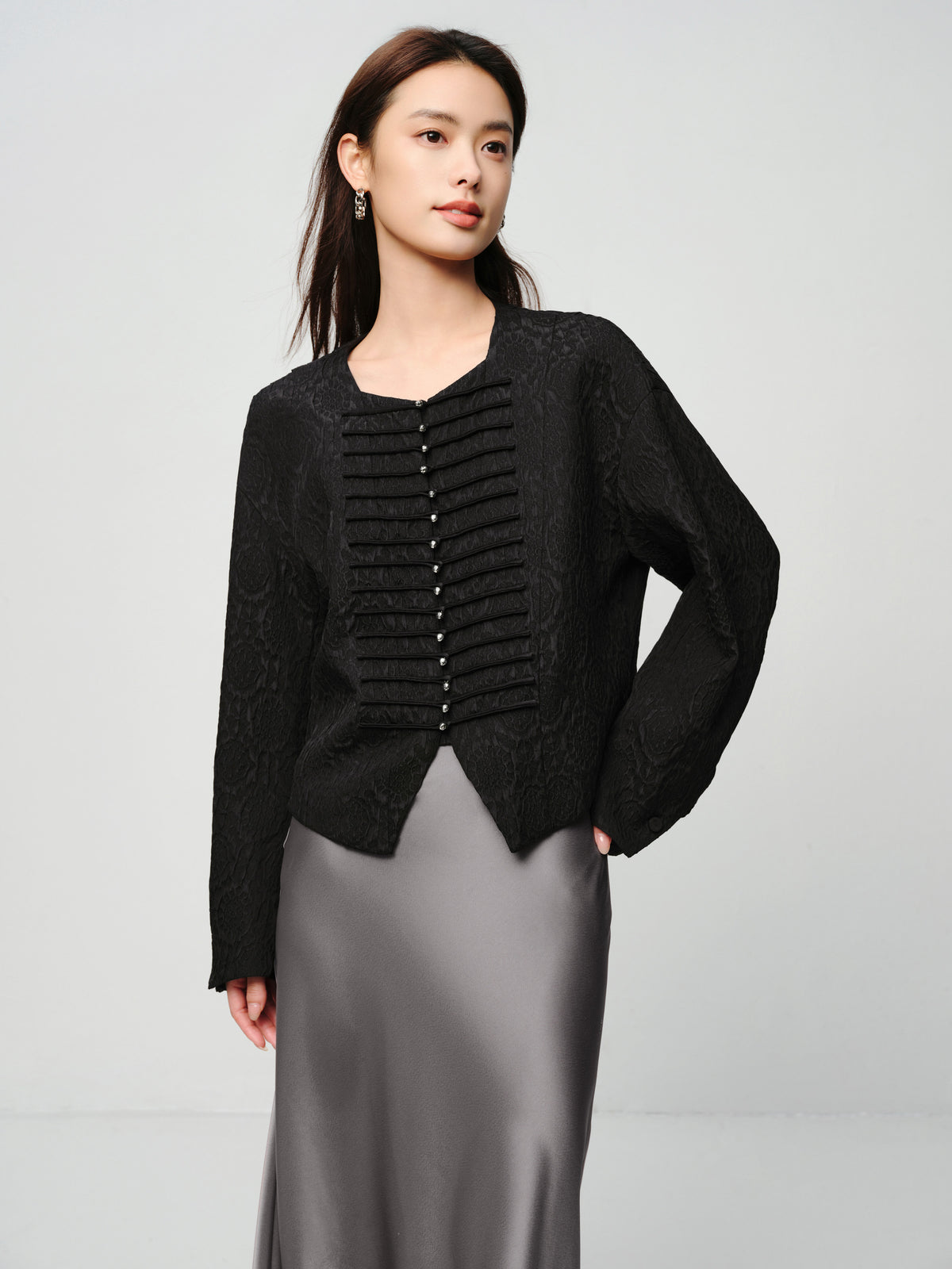 EP YAYING Blue Label Mulberry Silk Wool Jacquard Frog Button Jacket