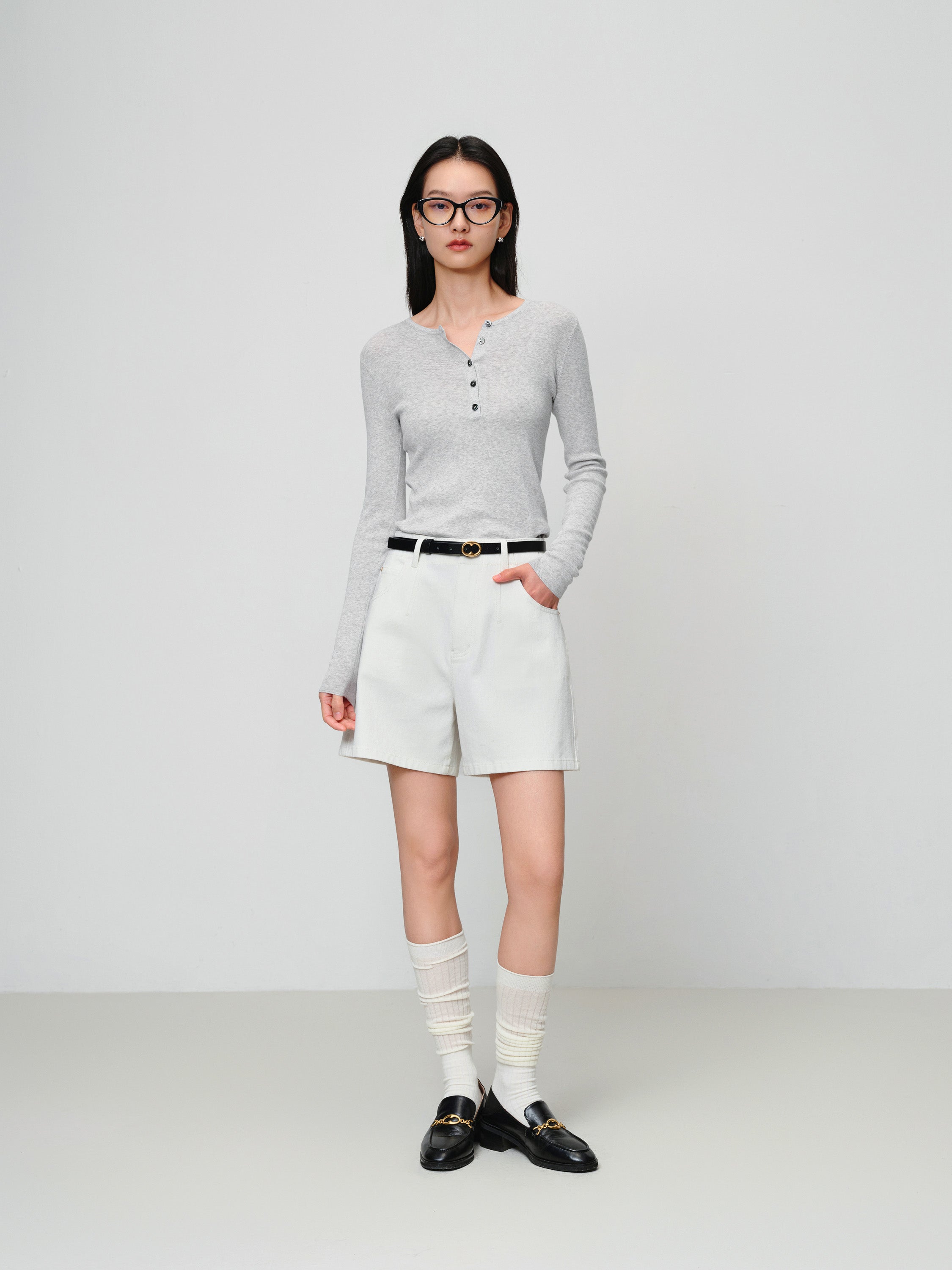 EP YAYING Slim round neck knit base sweater- Gray