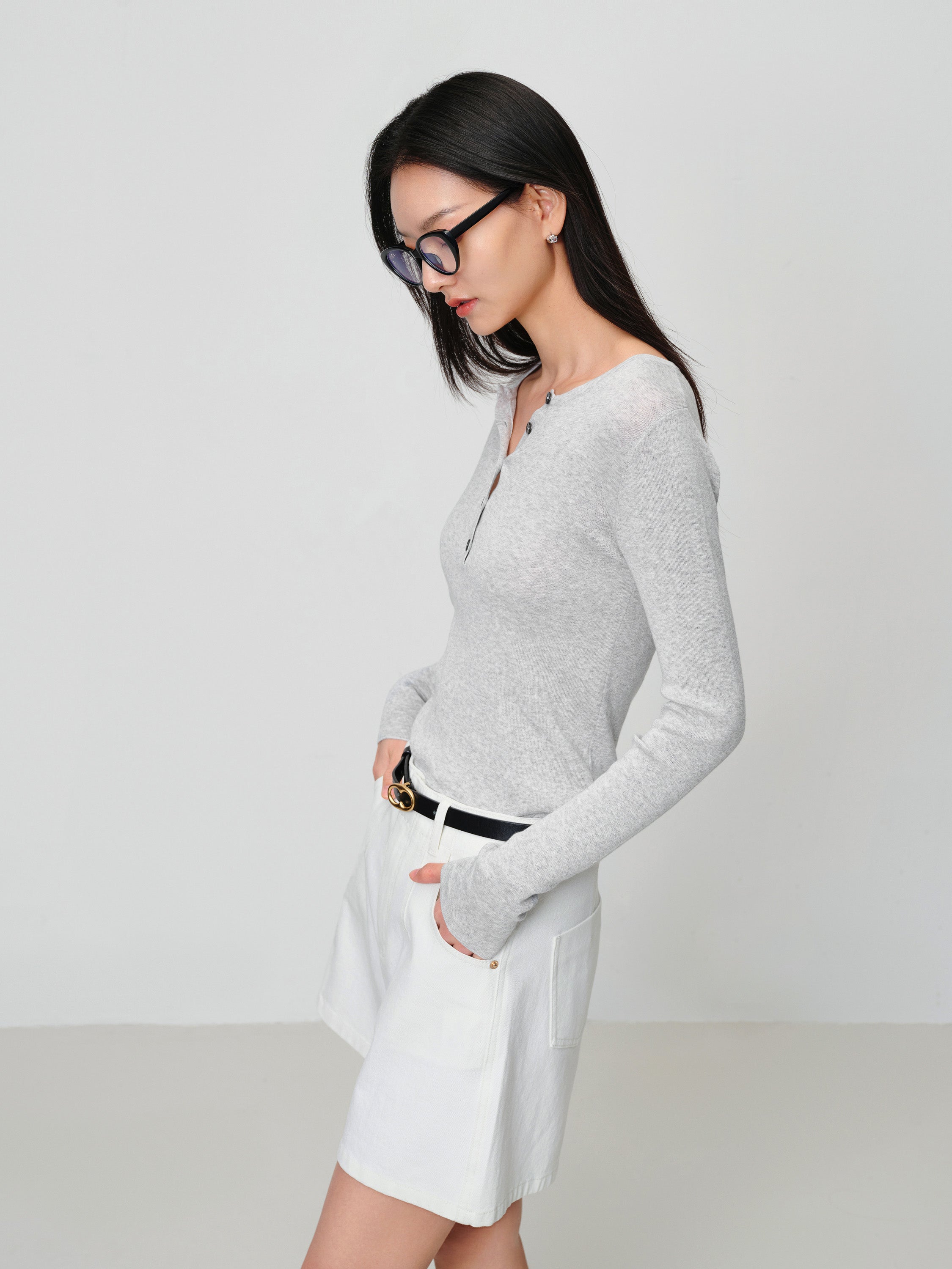 EP YAYING Slim round neck knit base sweater- Gray