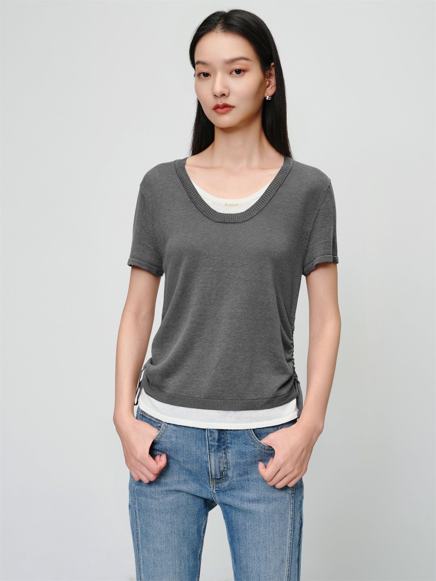 EP YAYING Linen Blend Crew Neck T-Shirt EGKEH9556AC