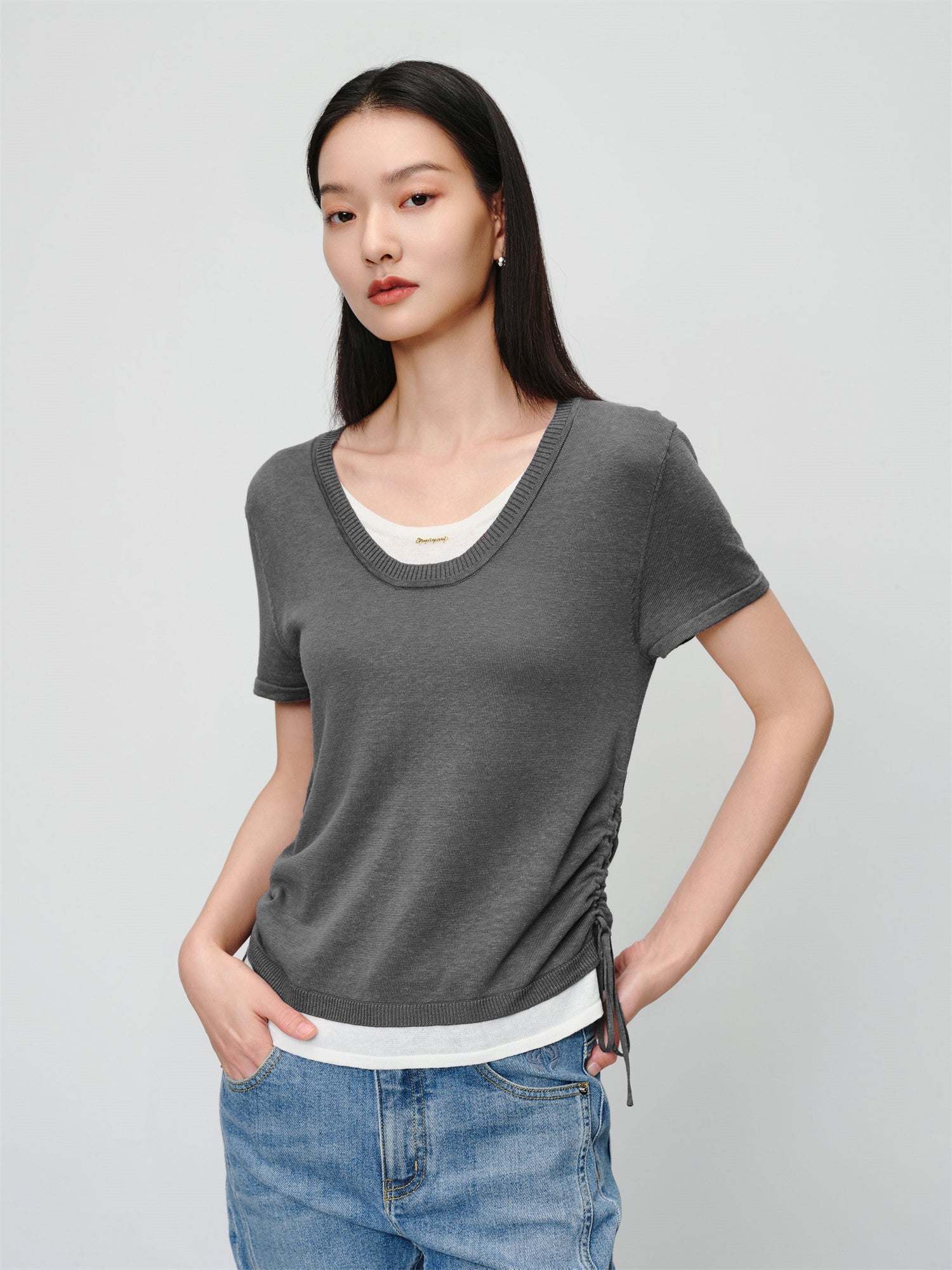 EP YAYING Linen Blend Crew Neck T-Shirt EGKEH9556AC