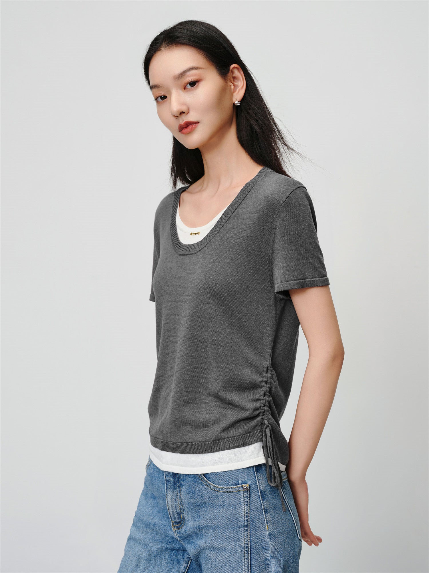 EP YAYING Linen Blend Crew Neck T-Shirt EGKEH9556AC