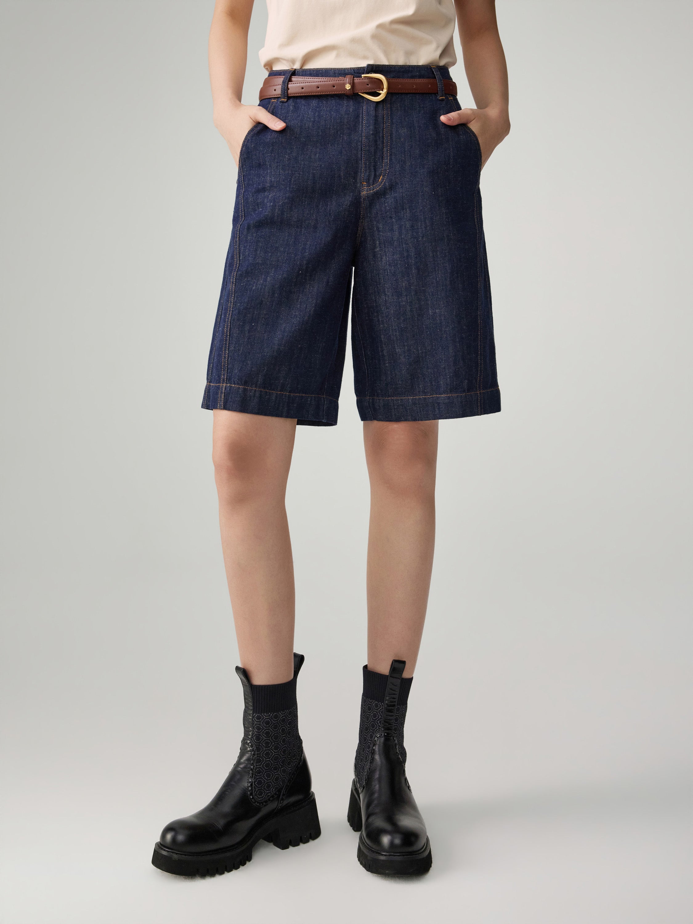 EP YAYING Linen-Lyocell High-Waist Wide-Leg Cropped Denim Pant