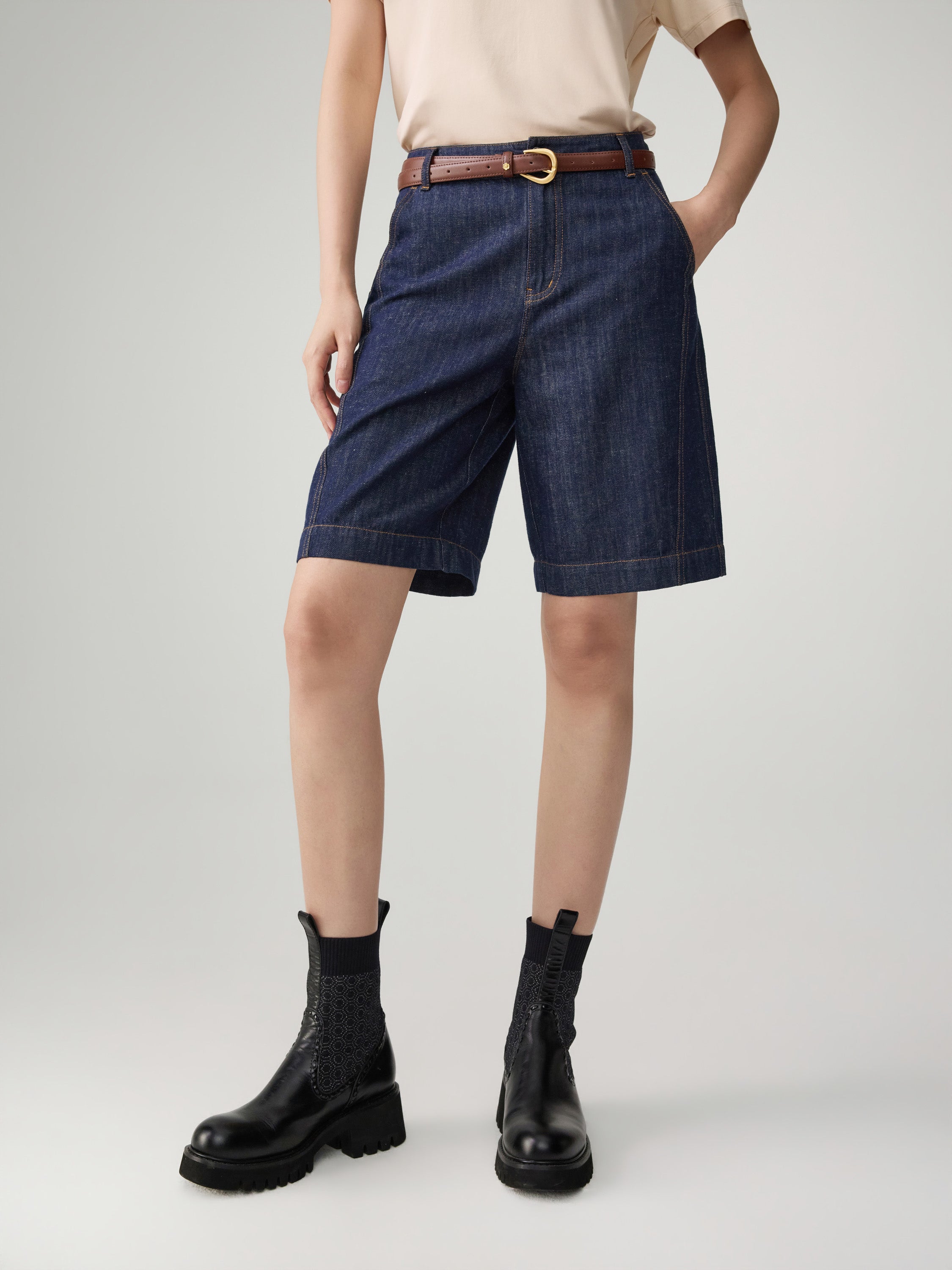 EP YAYING Linen-Lyocell High-Waist Wide-Leg Cropped Denim Pant