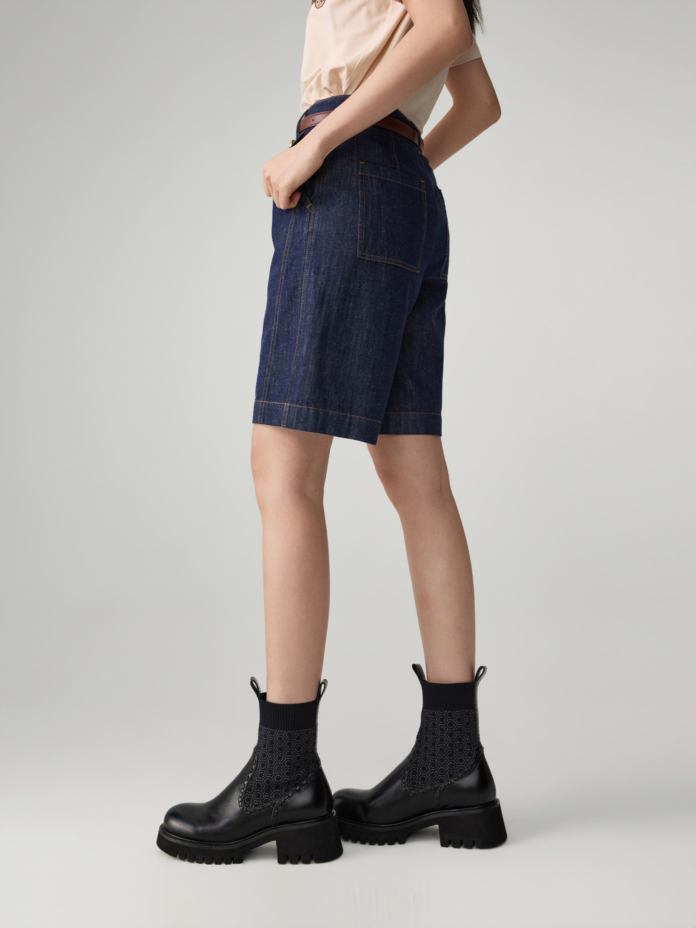 EP YAYING Linen-Lyocell High-Waist Wide-Leg Cropped Denim Pant