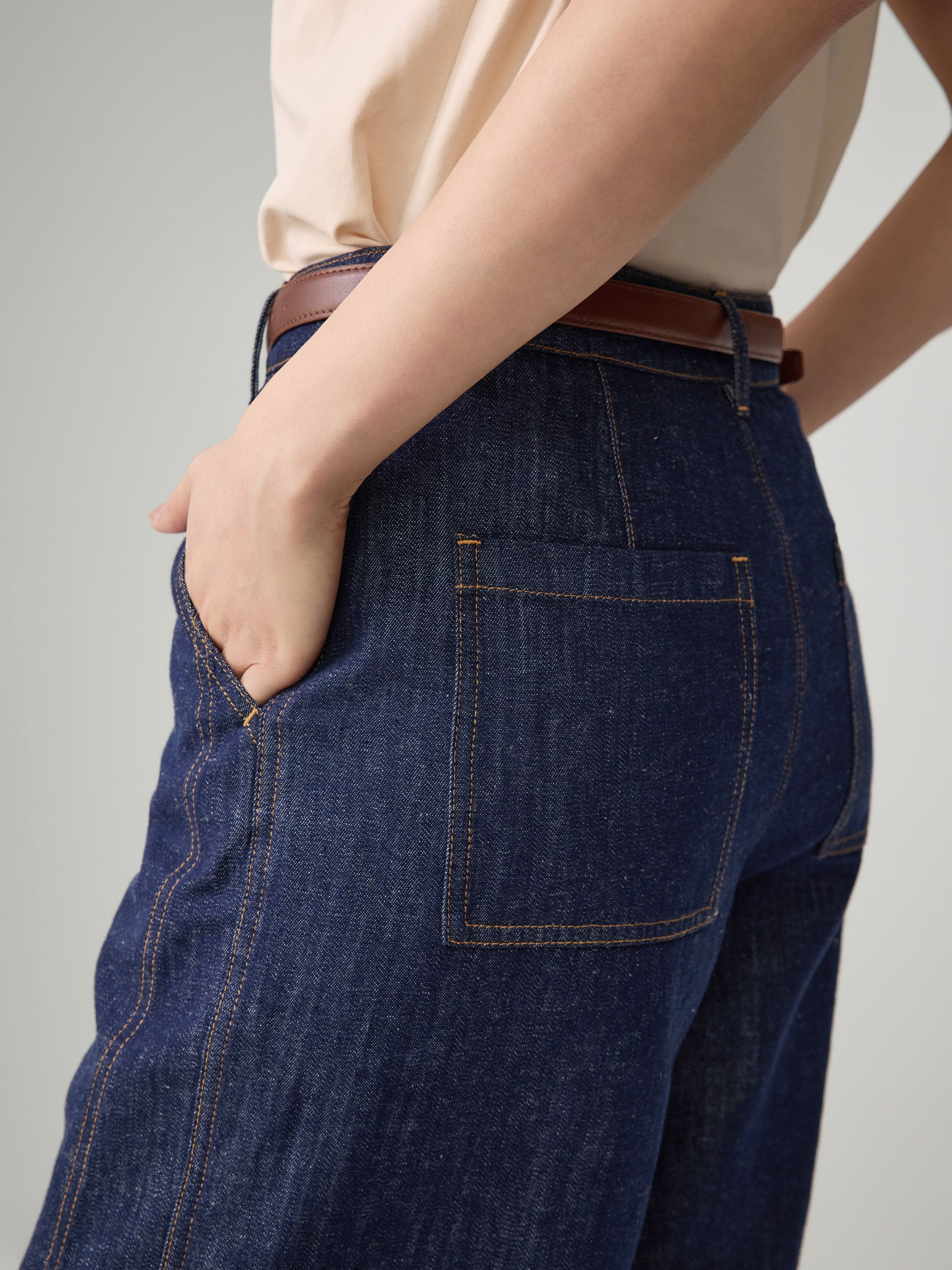 EP YAYING Linen-Lyocell High-Waist Wide-Leg Cropped Denim Pant