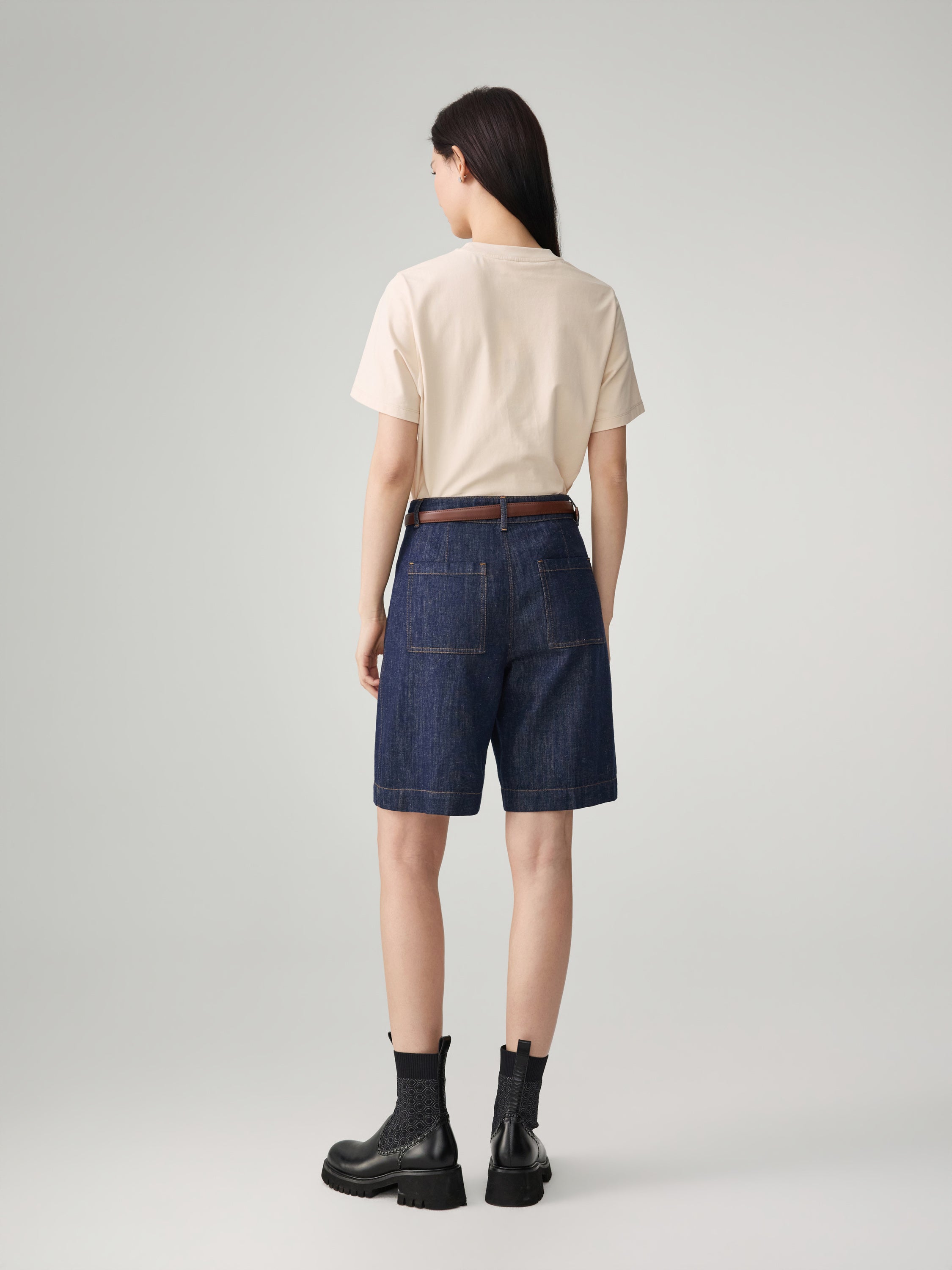 EP YAYING Linen-Lyocell High-Waist Wide-Leg Cropped Denim Pant