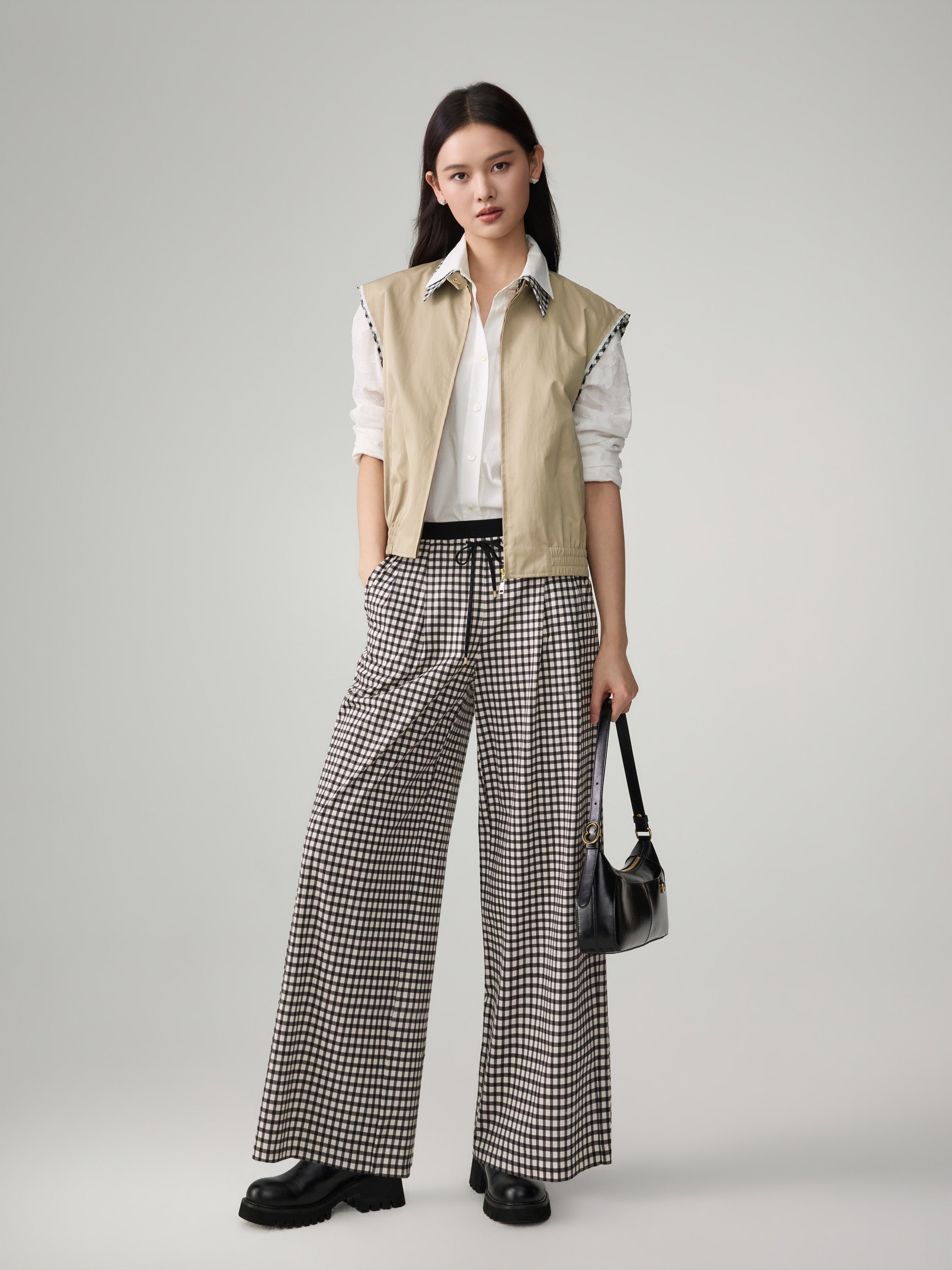 EP YAYING Plaid Trim Polo Collar Cropped Vest