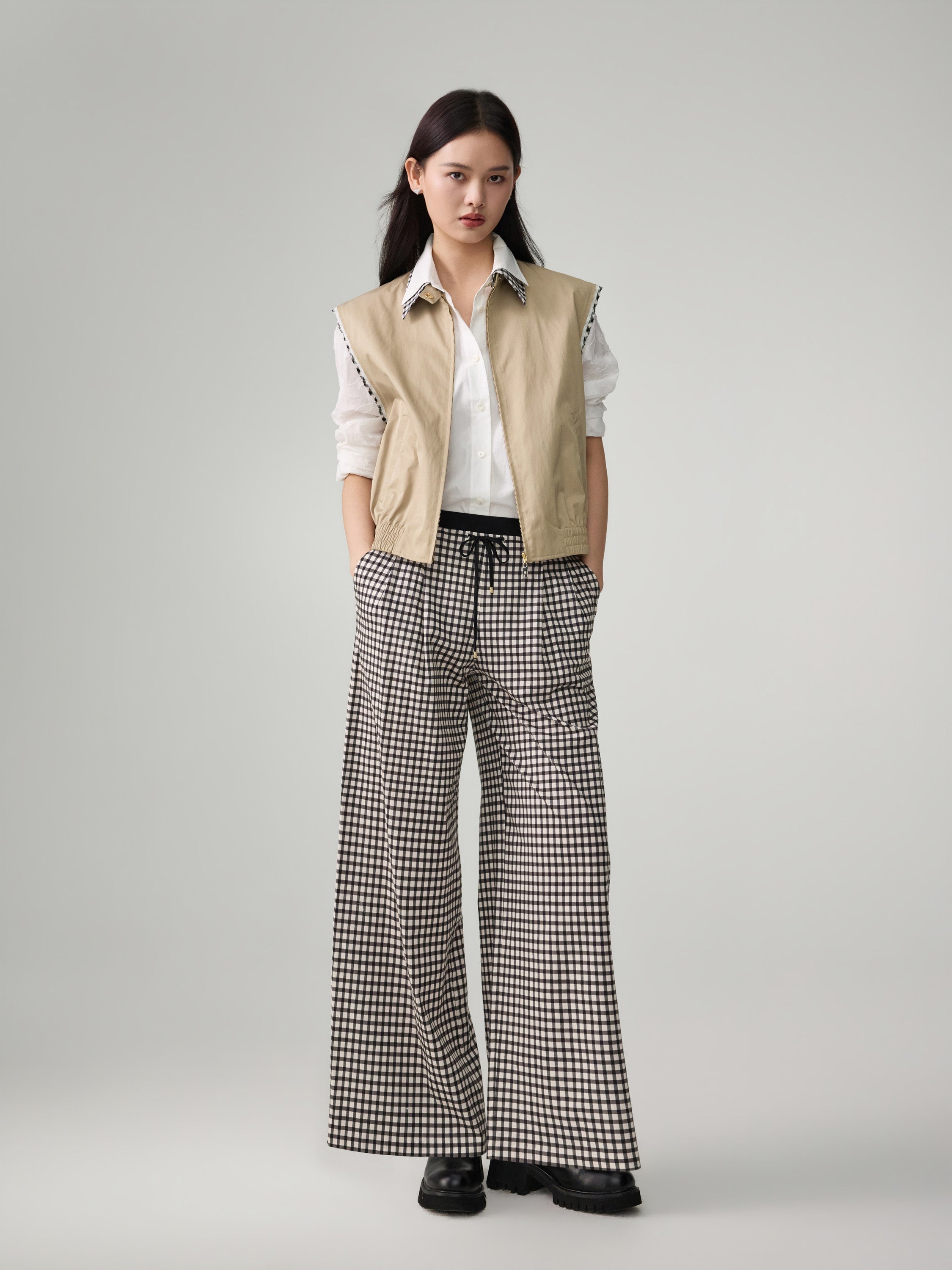 EP YAYING Plaid Trim Polo Collar Cropped Vest
