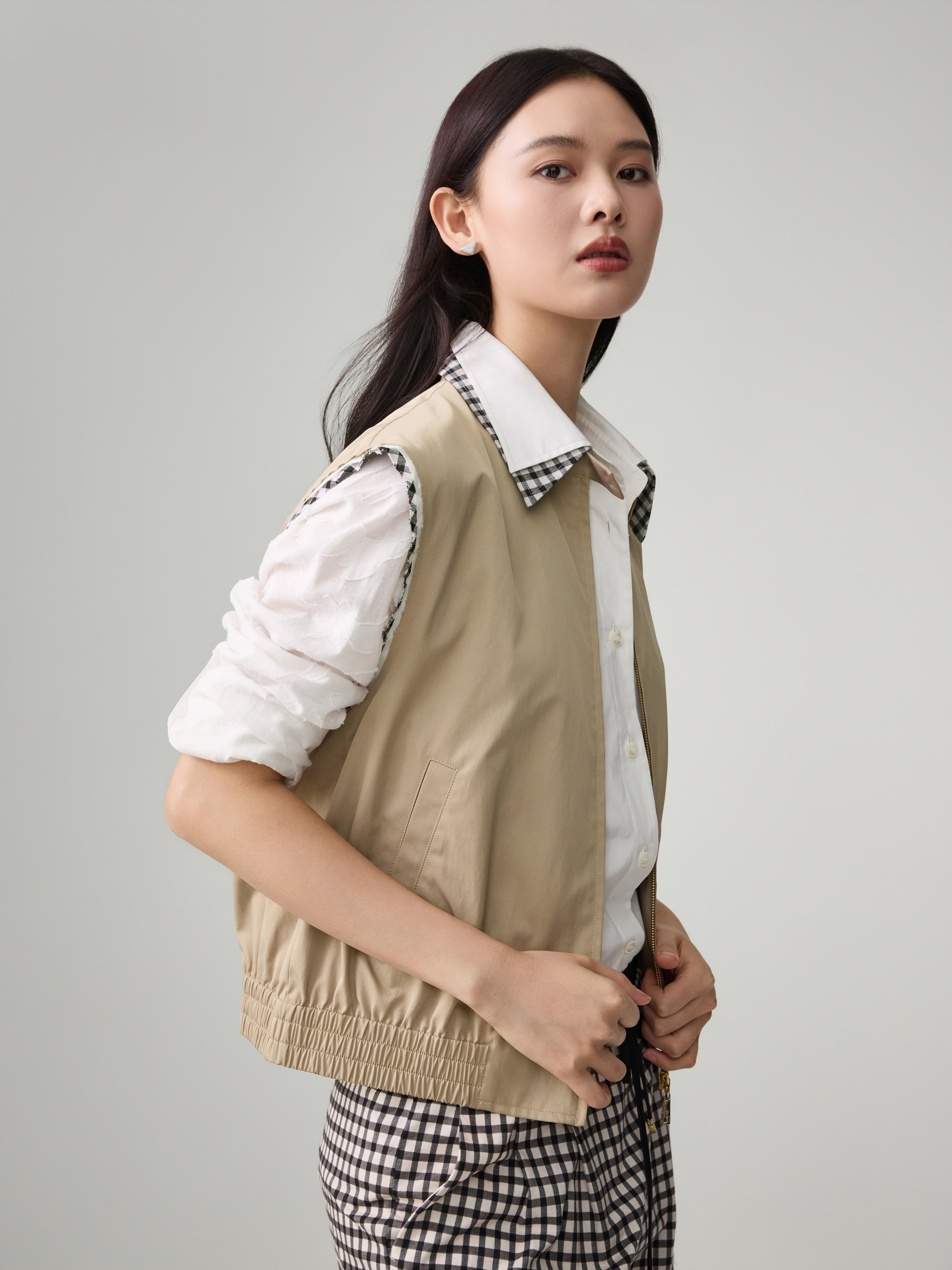 EP YAYING Plaid Trim Polo Collar Cropped Vest