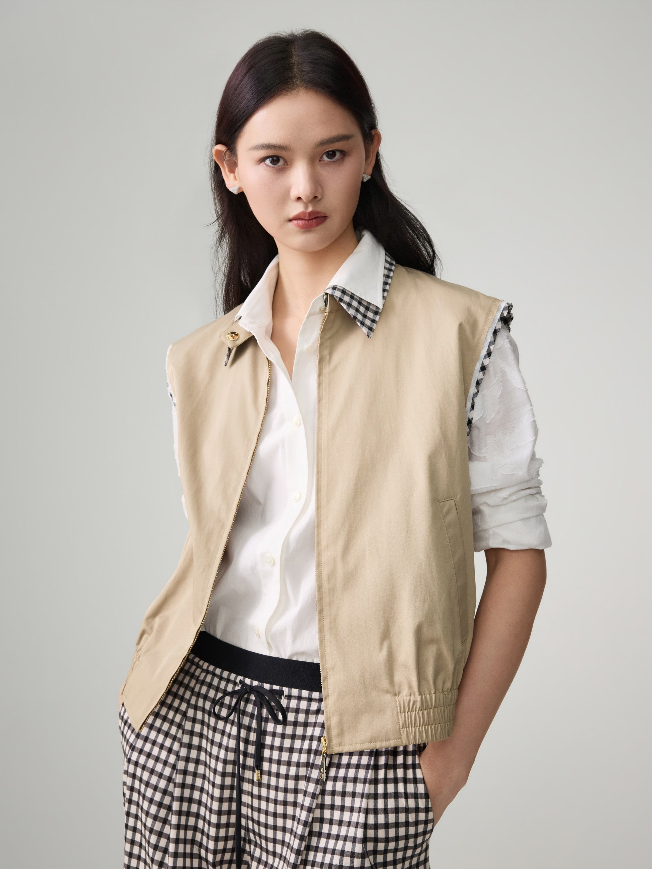 EP YAYING Plaid Trim Polo Collar Cropped Vest