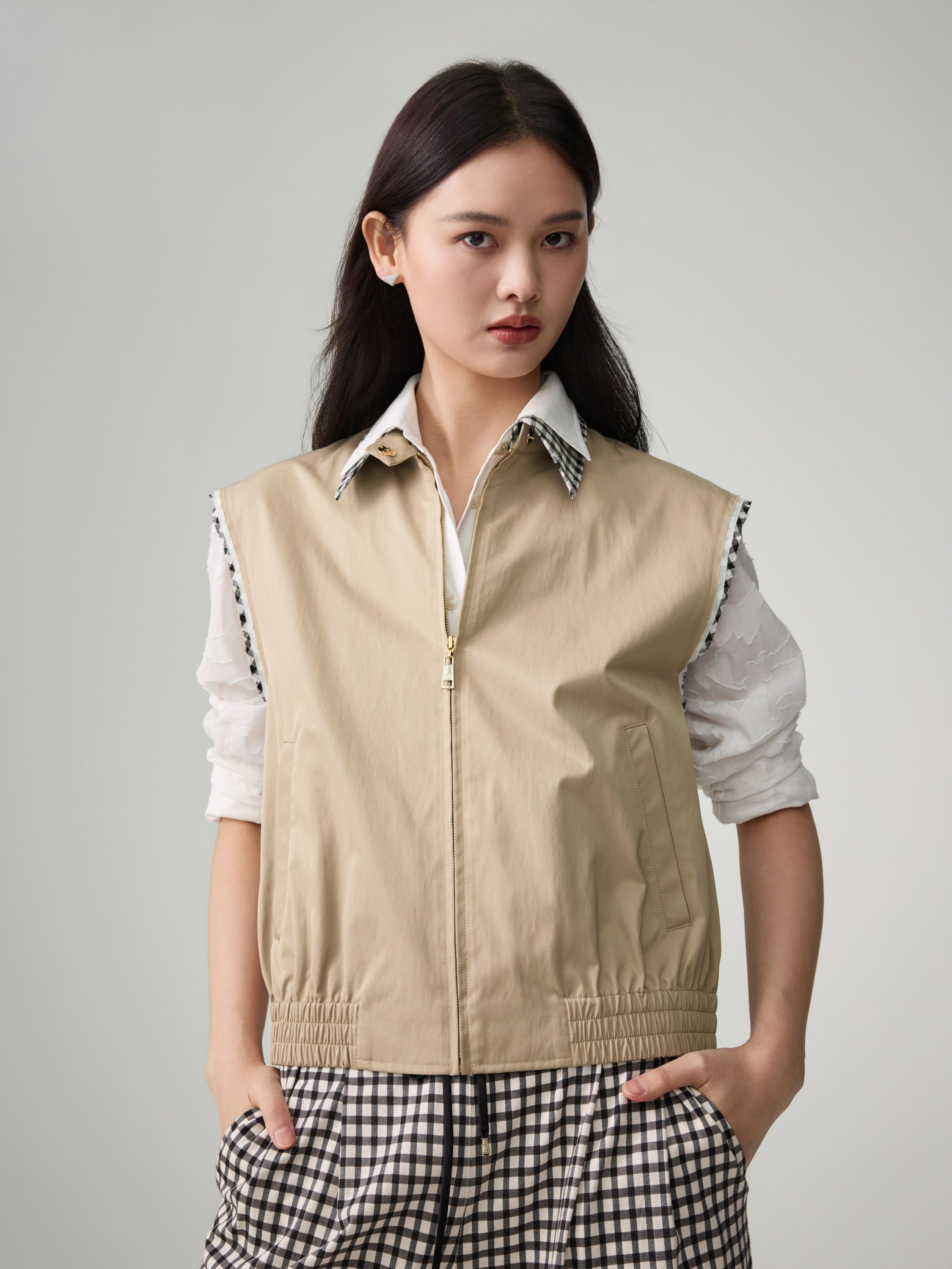 EP YAYING Plaid Trim Polo Collar Cropped Vest