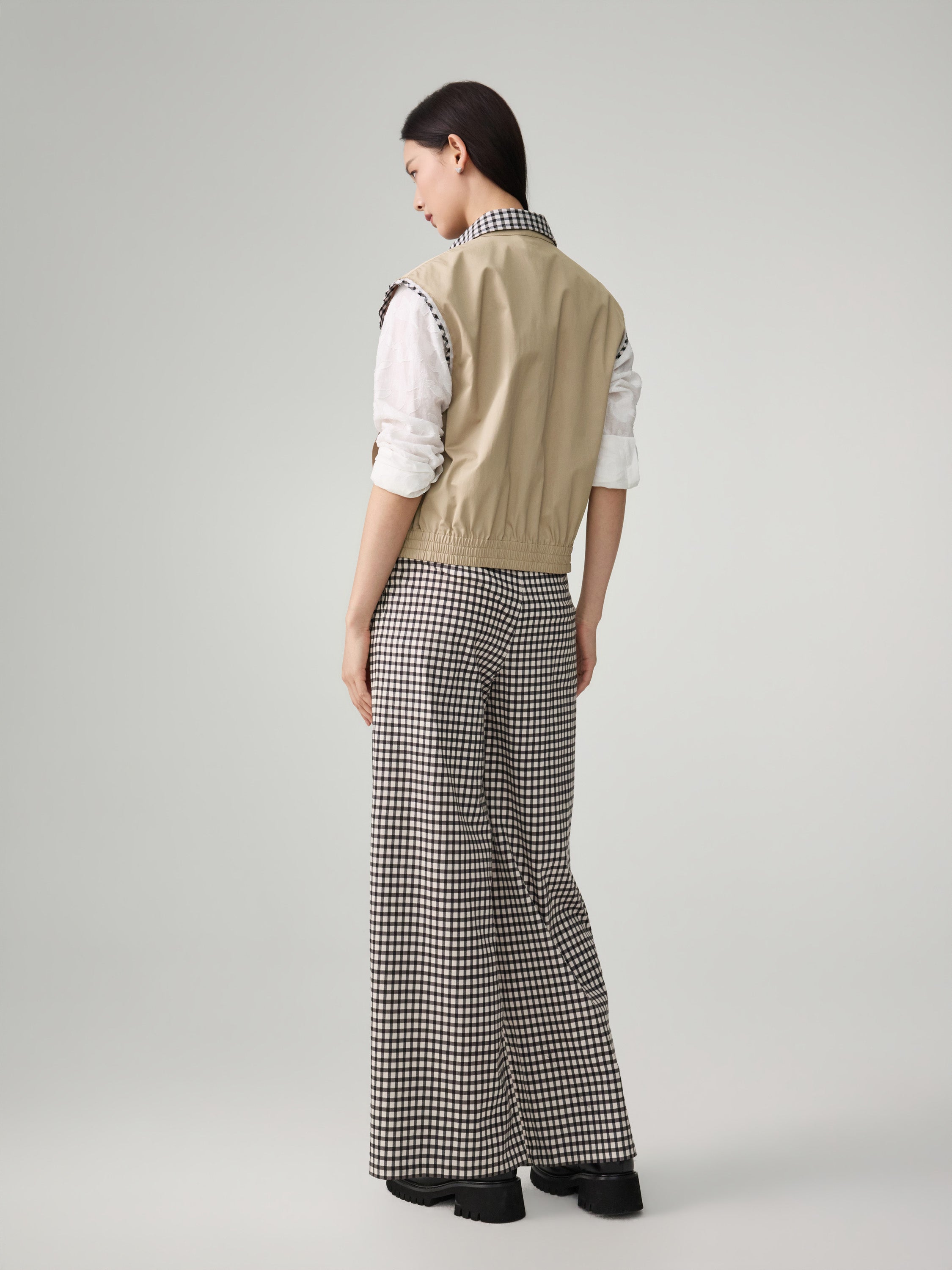 EP YAYING Plaid Trim Polo Collar Cropped Vest