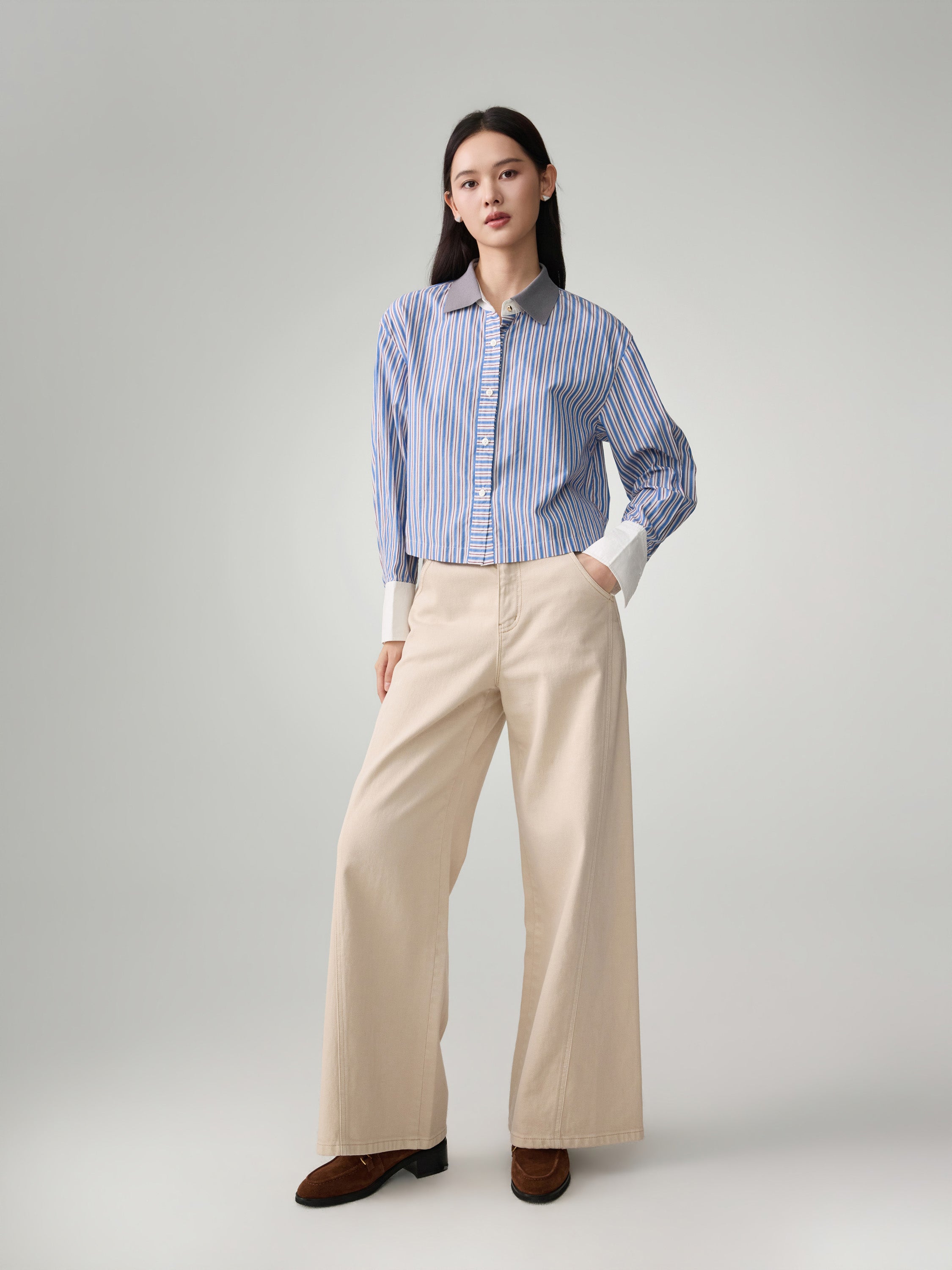 EP YAYING Cotton Blue-and-White Striped Shirt