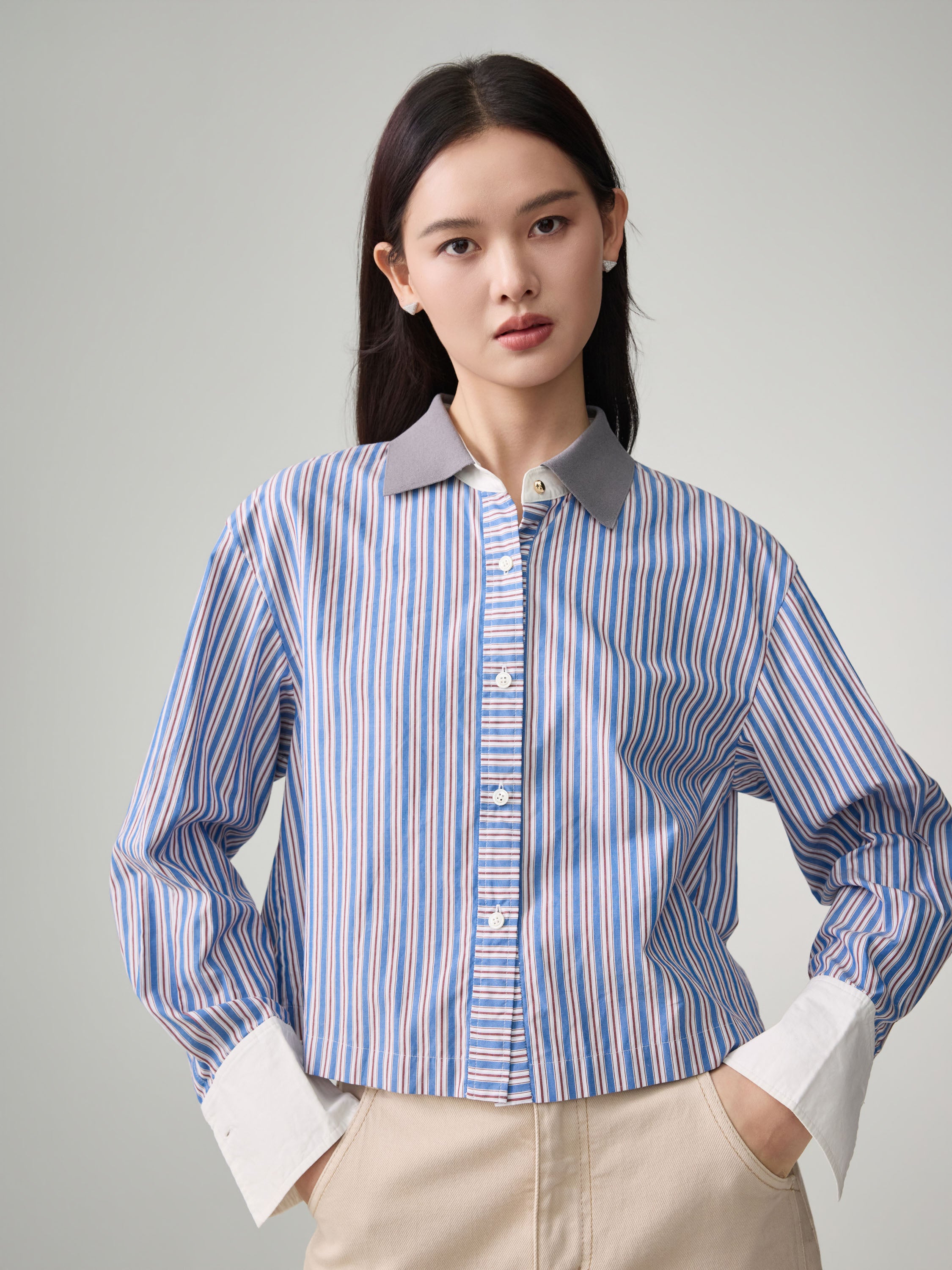 EP YAYING Cotton Blue-and-White Striped Shirt