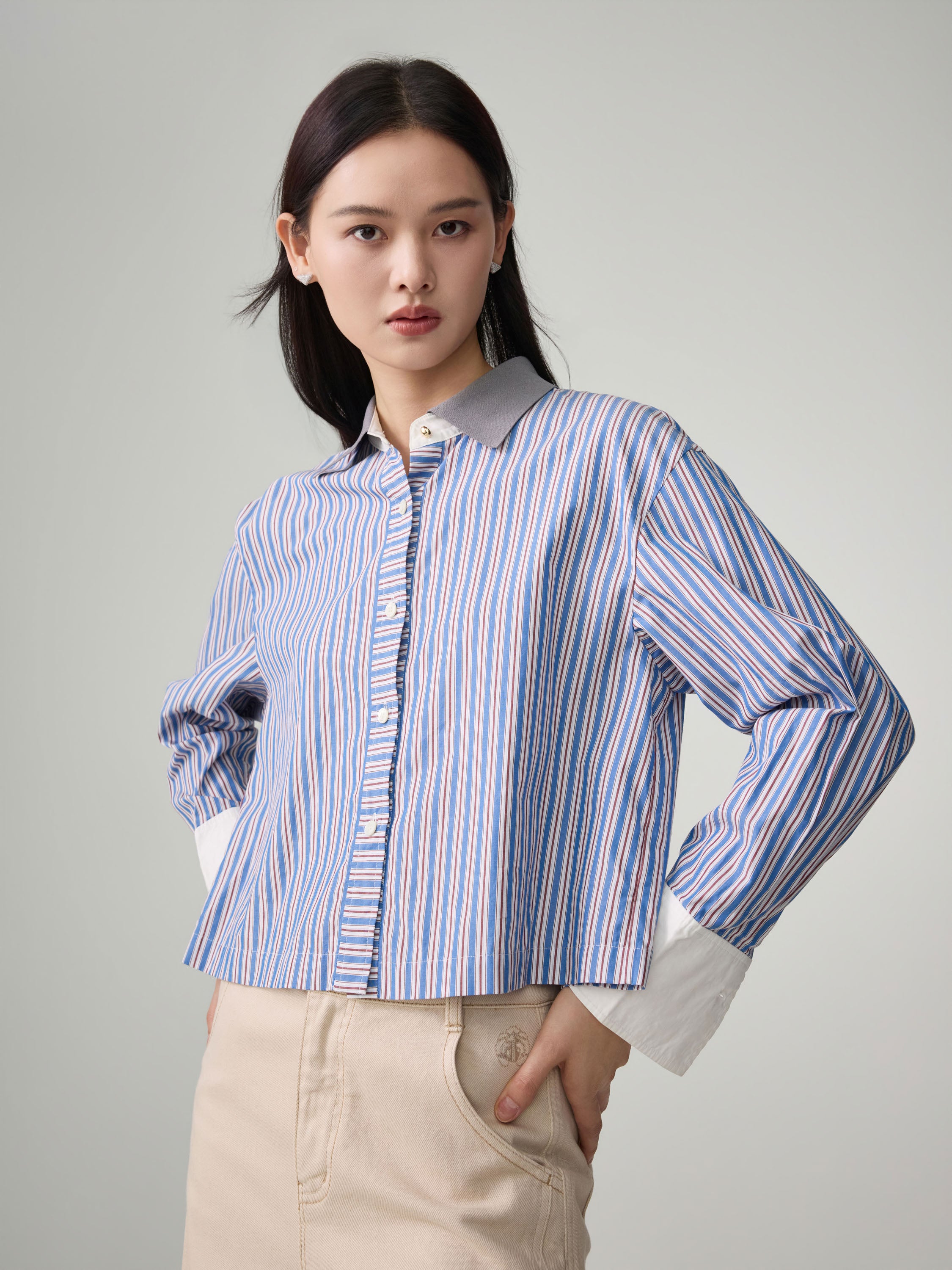 EP YAYING Cotton Blue-and-White Striped Shirt