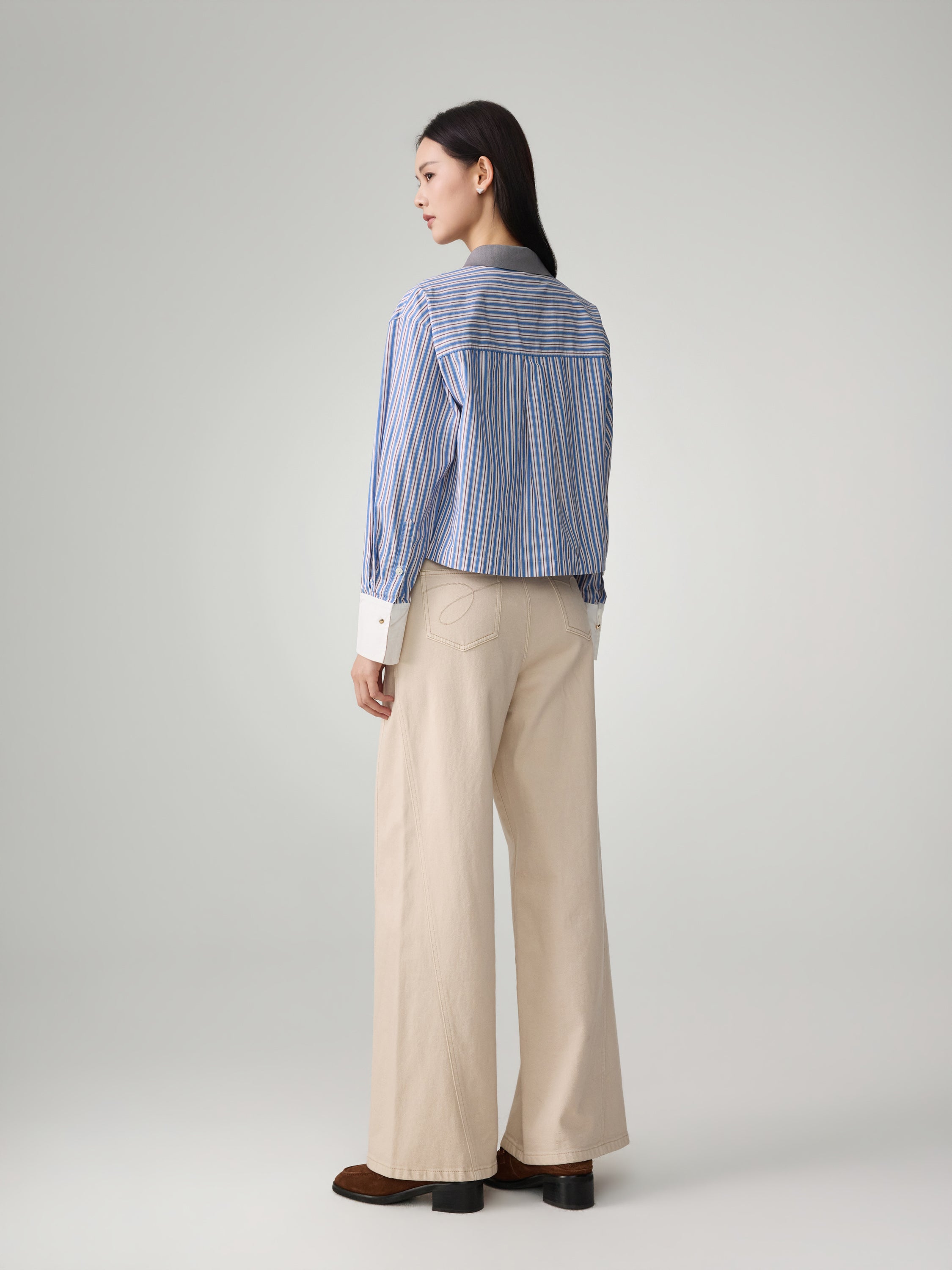 EP YAYING Cotton Blue-and-White Striped Shirt