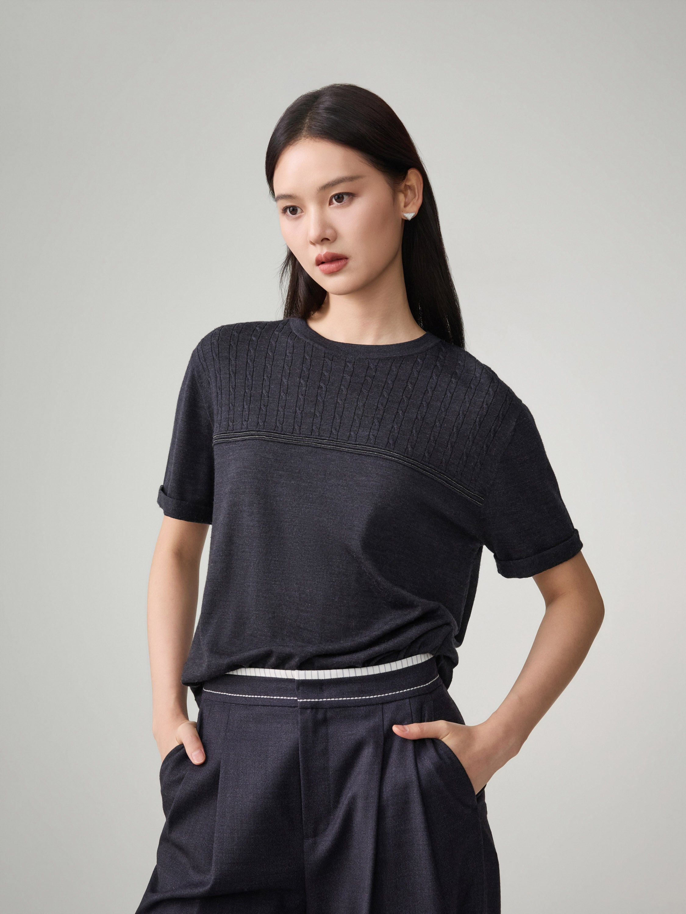 EP YAYING Soft Warm Pure Wool Floral Knitted Top