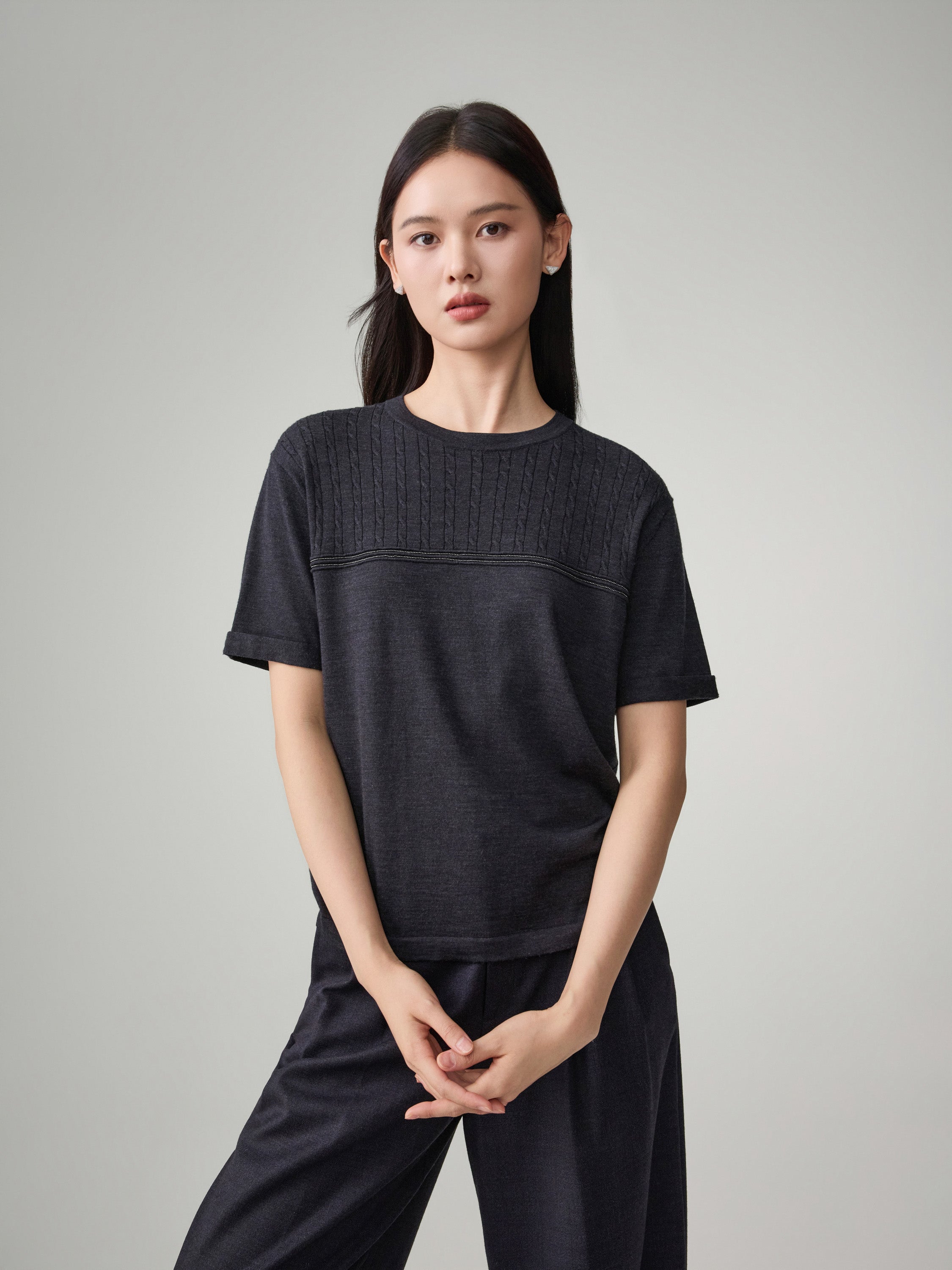 EP YAYING Soft Warm Pure Wool Floral Knitted Top