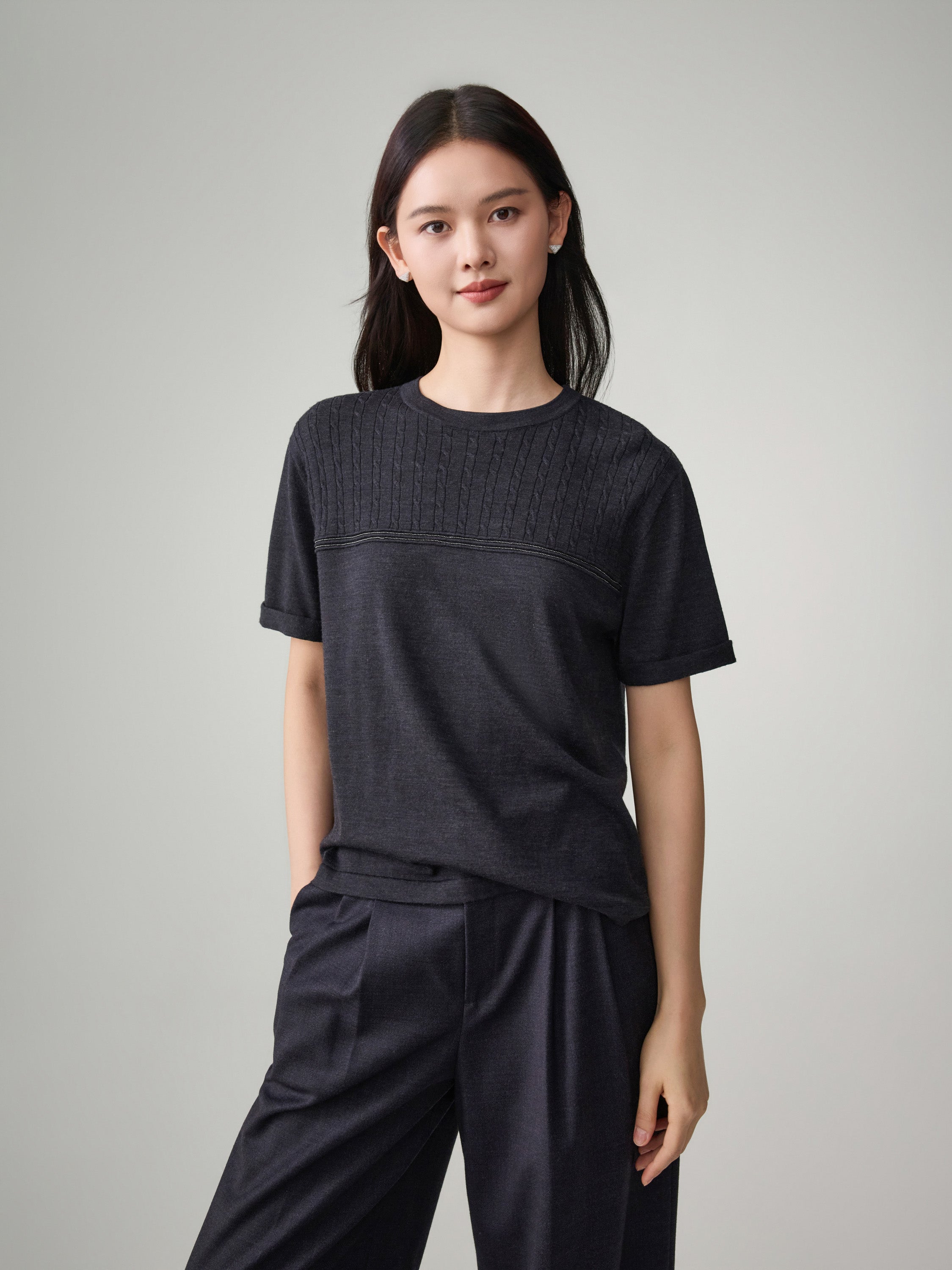 EP YAYING Soft Warm Pure Wool Floral Knitted Top