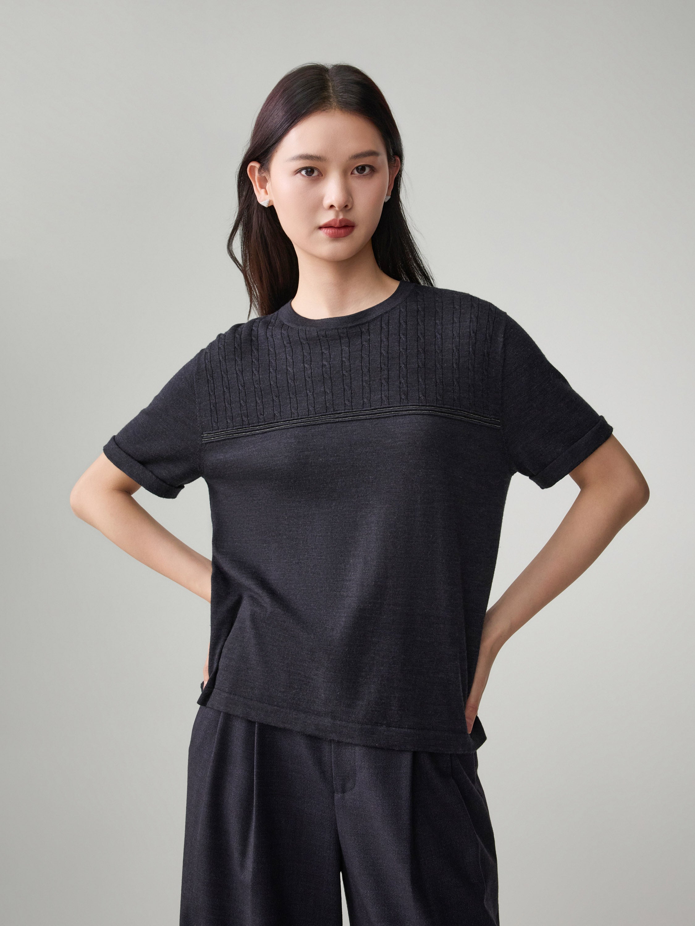 EP YAYING Soft Warm Pure Wool Floral Knitted Top