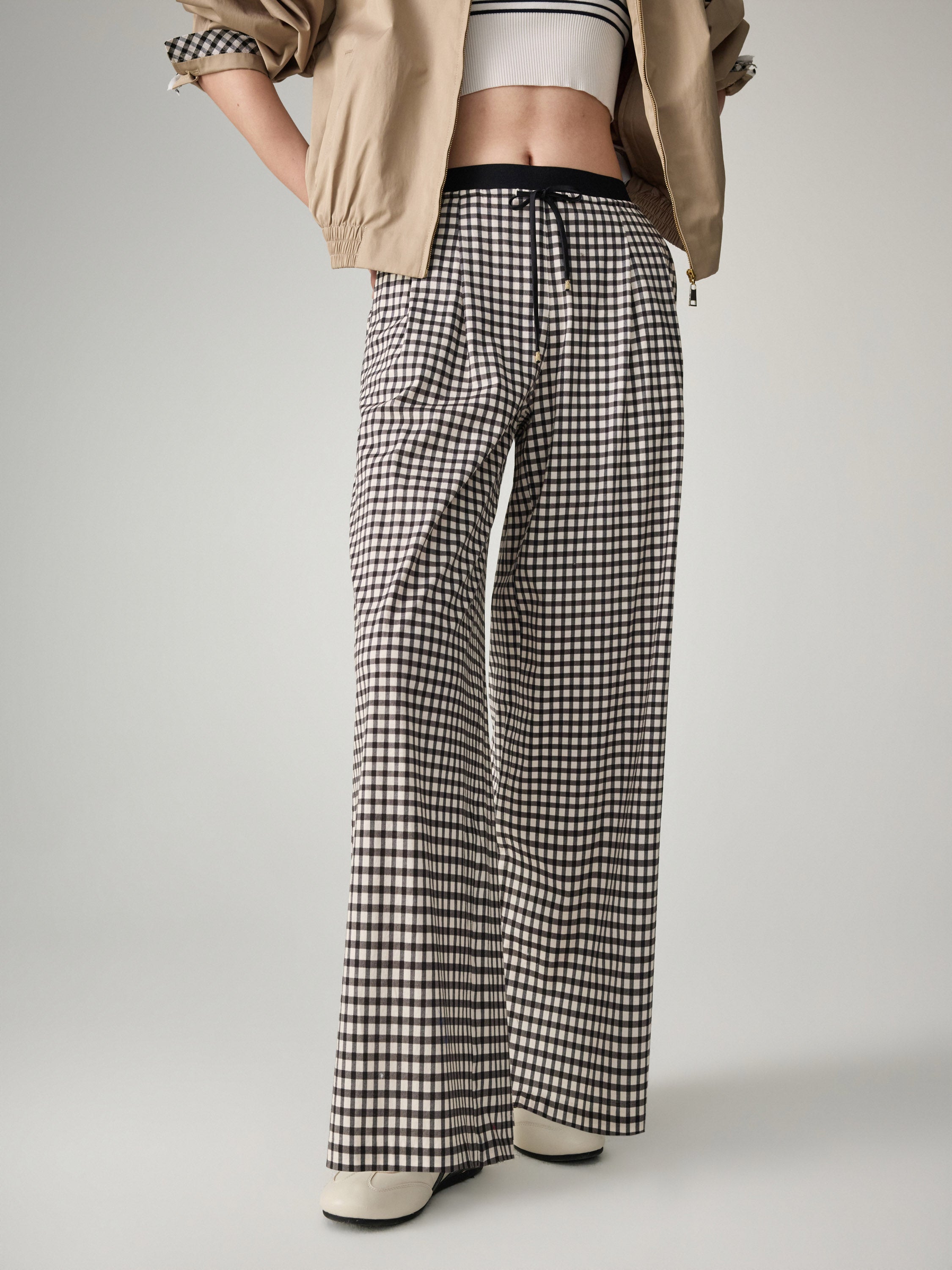 EP YAYING Cotton Check Pleated Wide Leg Pants