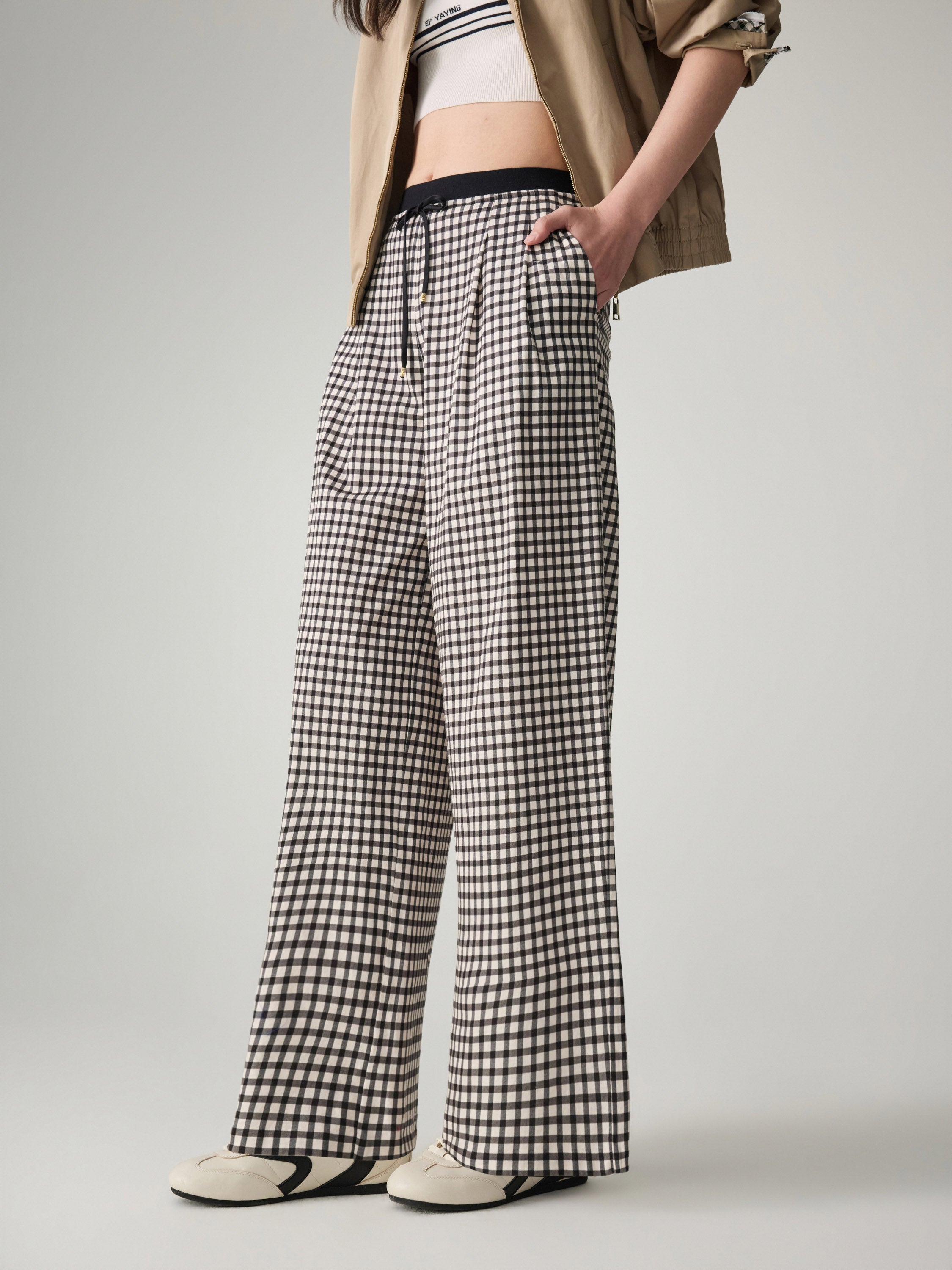 EP YAYING Cotton Check Pleated Wide Leg Pants
