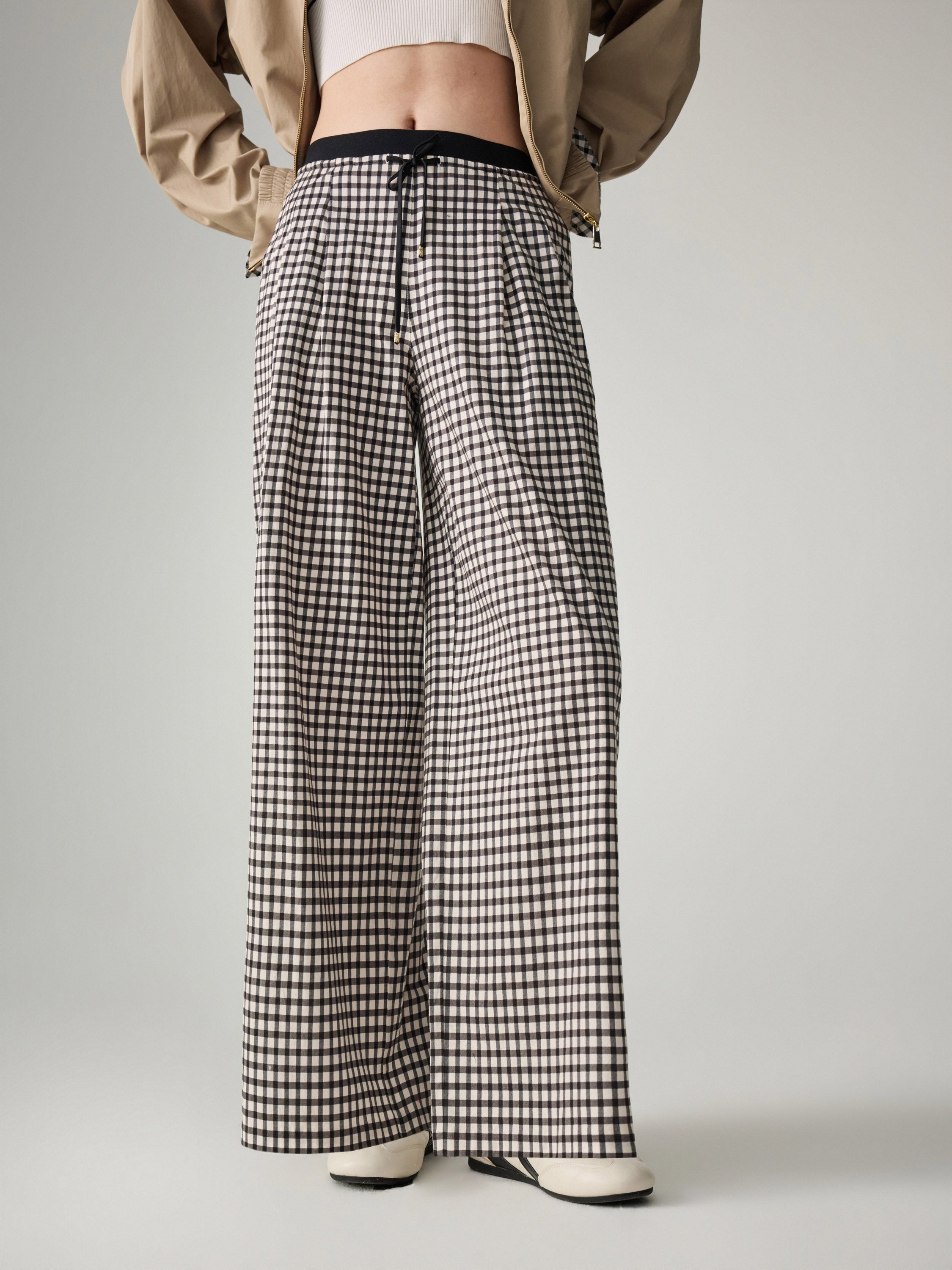 EP YAYING Cotton Check Pleated Wide Leg Pants
