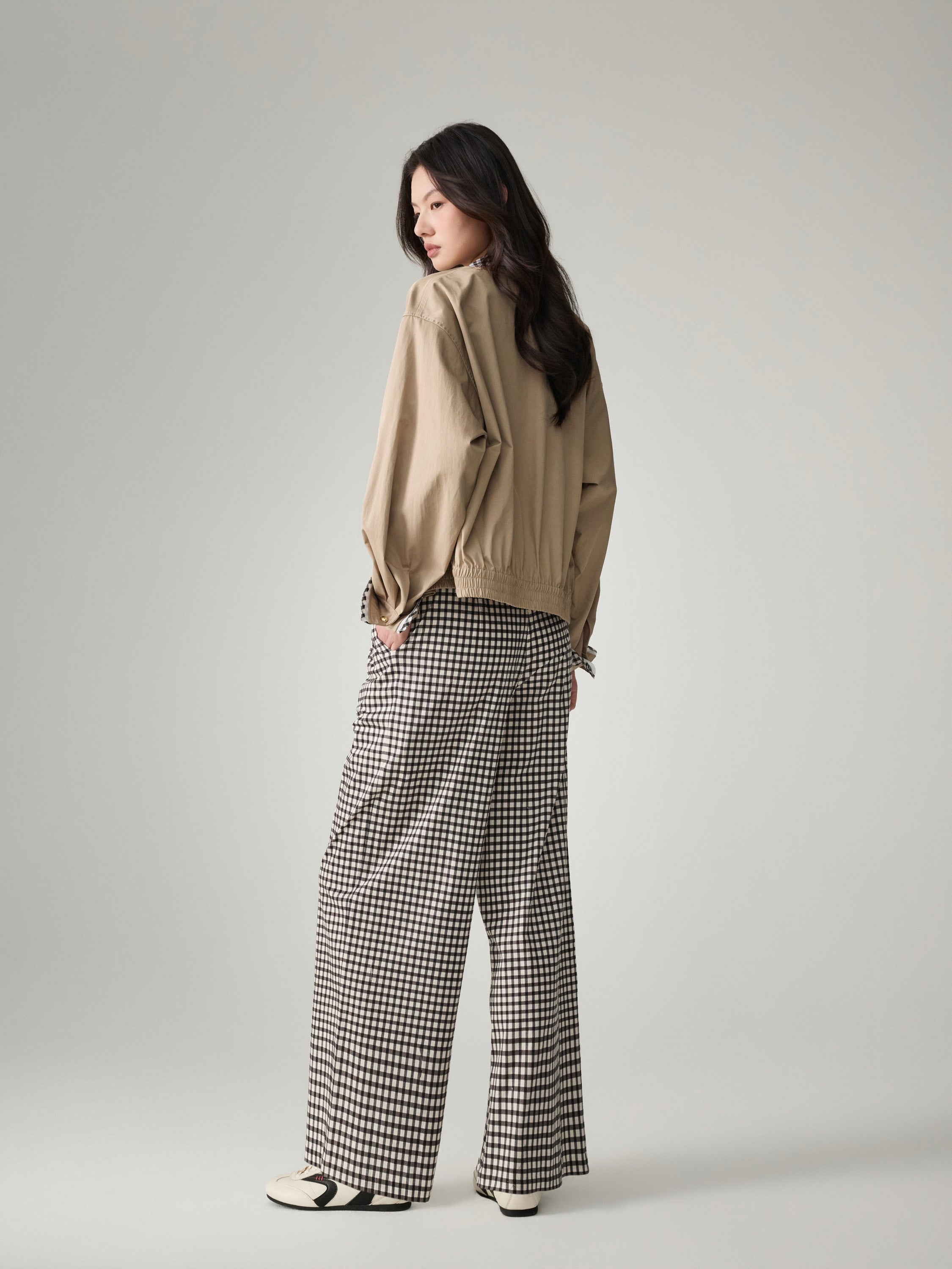 EP YAYING Cotton Check Pleated Wide Leg Pants