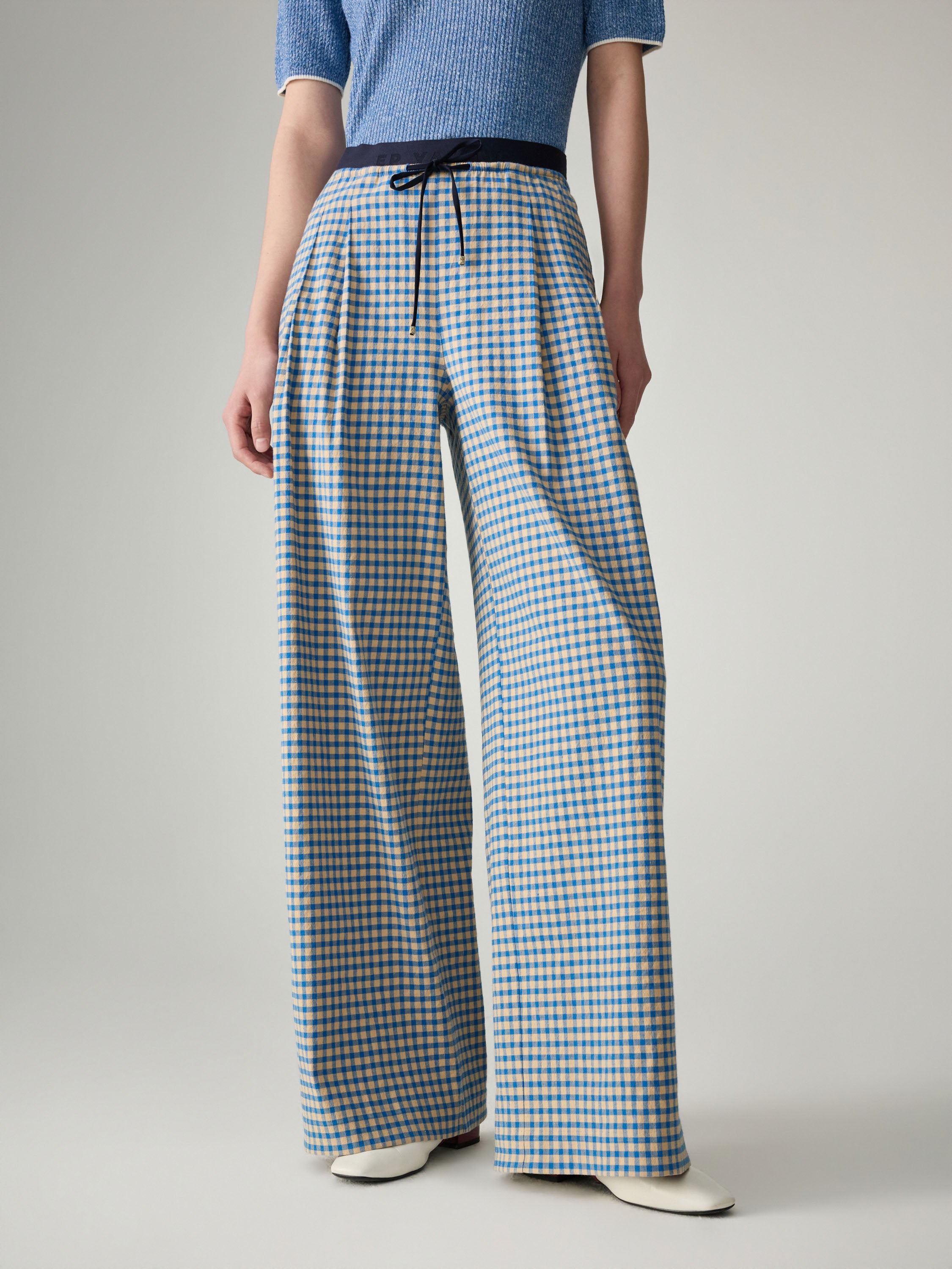 EP YAYING Cotton Check Pleated Wide Leg Pants