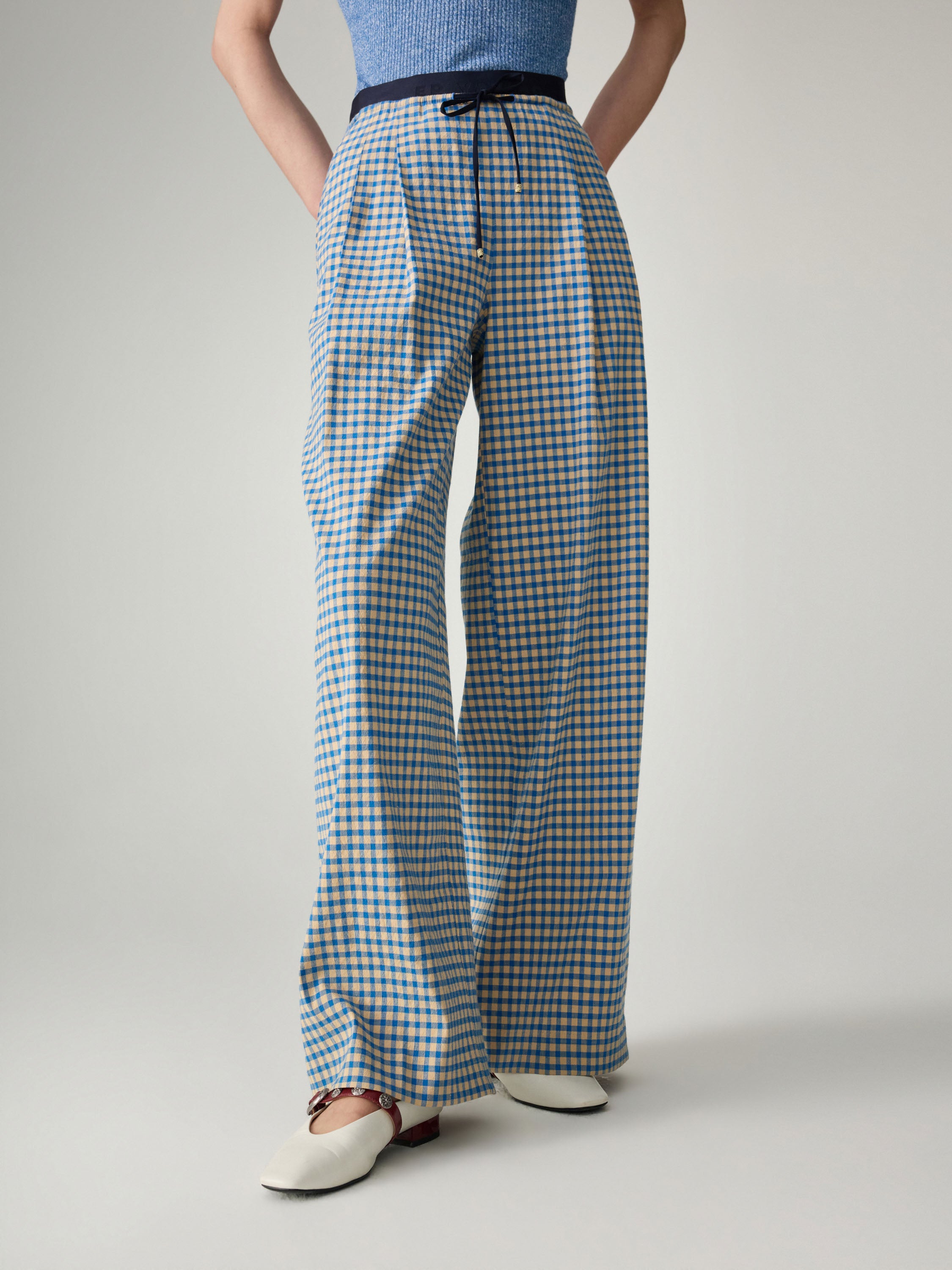 EP YAYING Cotton Check Pleated Wide Leg Pants