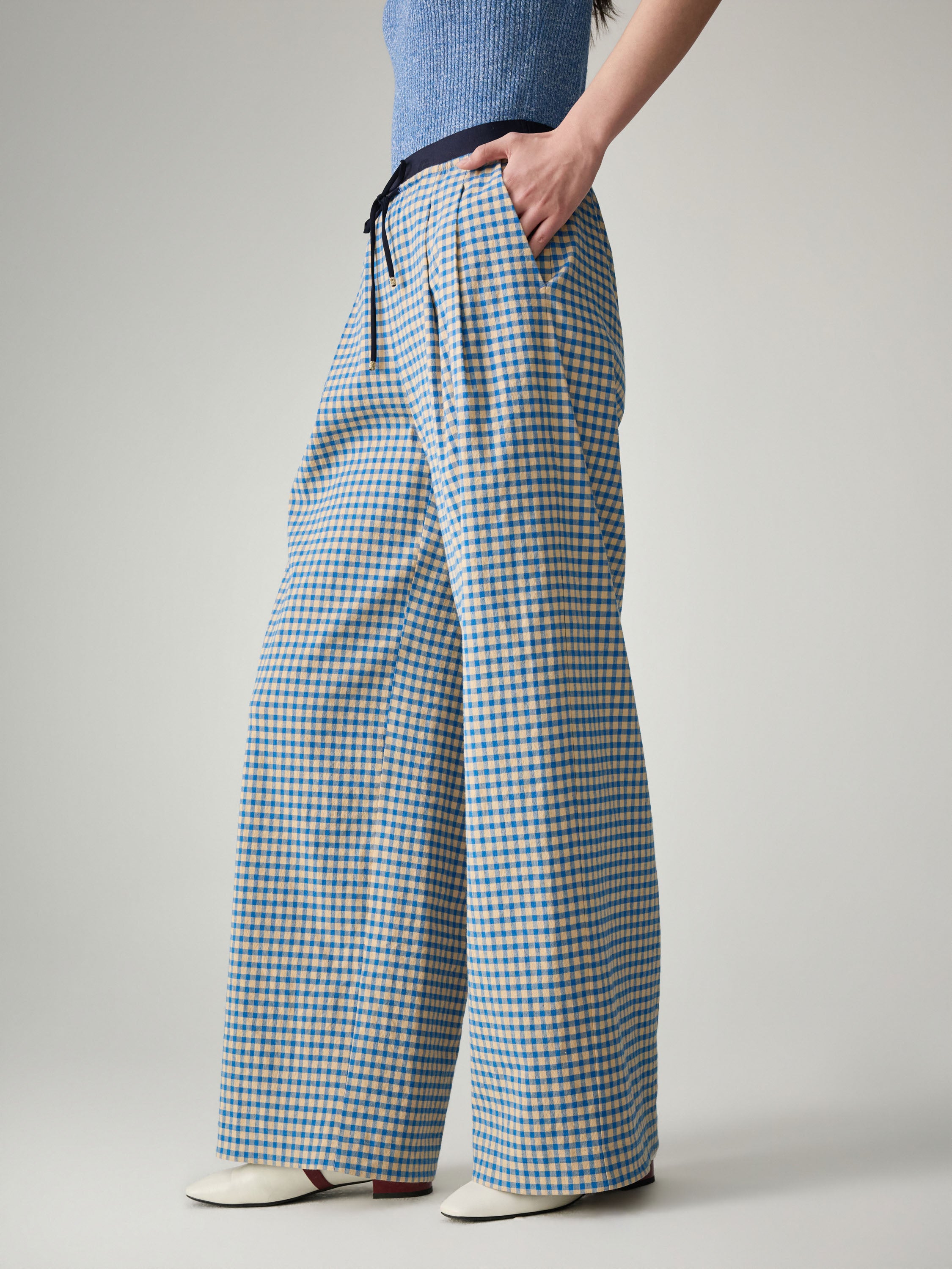 EP YAYING Cotton Check Pleated Wide Leg Pants
