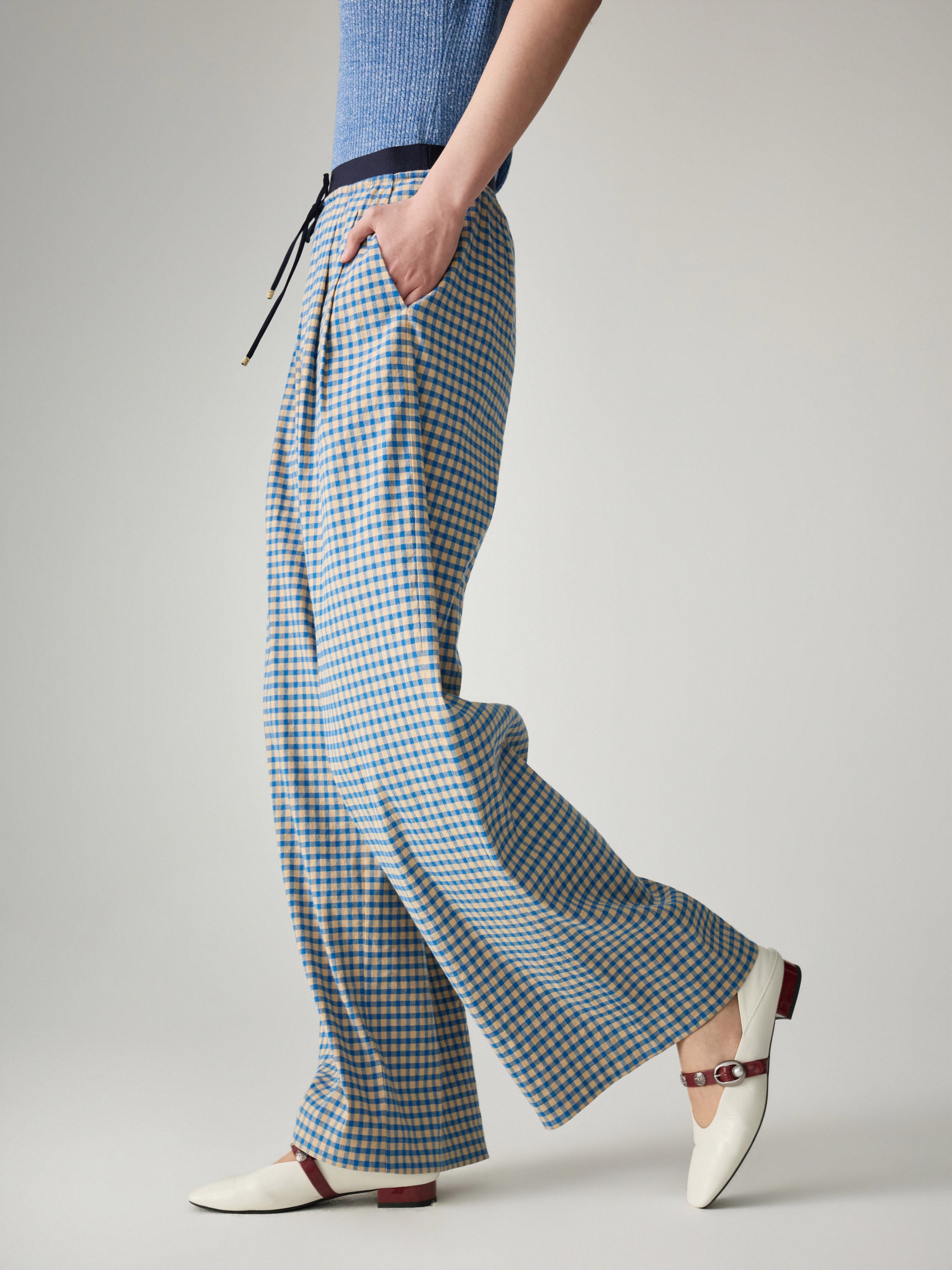 EP YAYING Cotton Check Pleated Wide Leg Pants