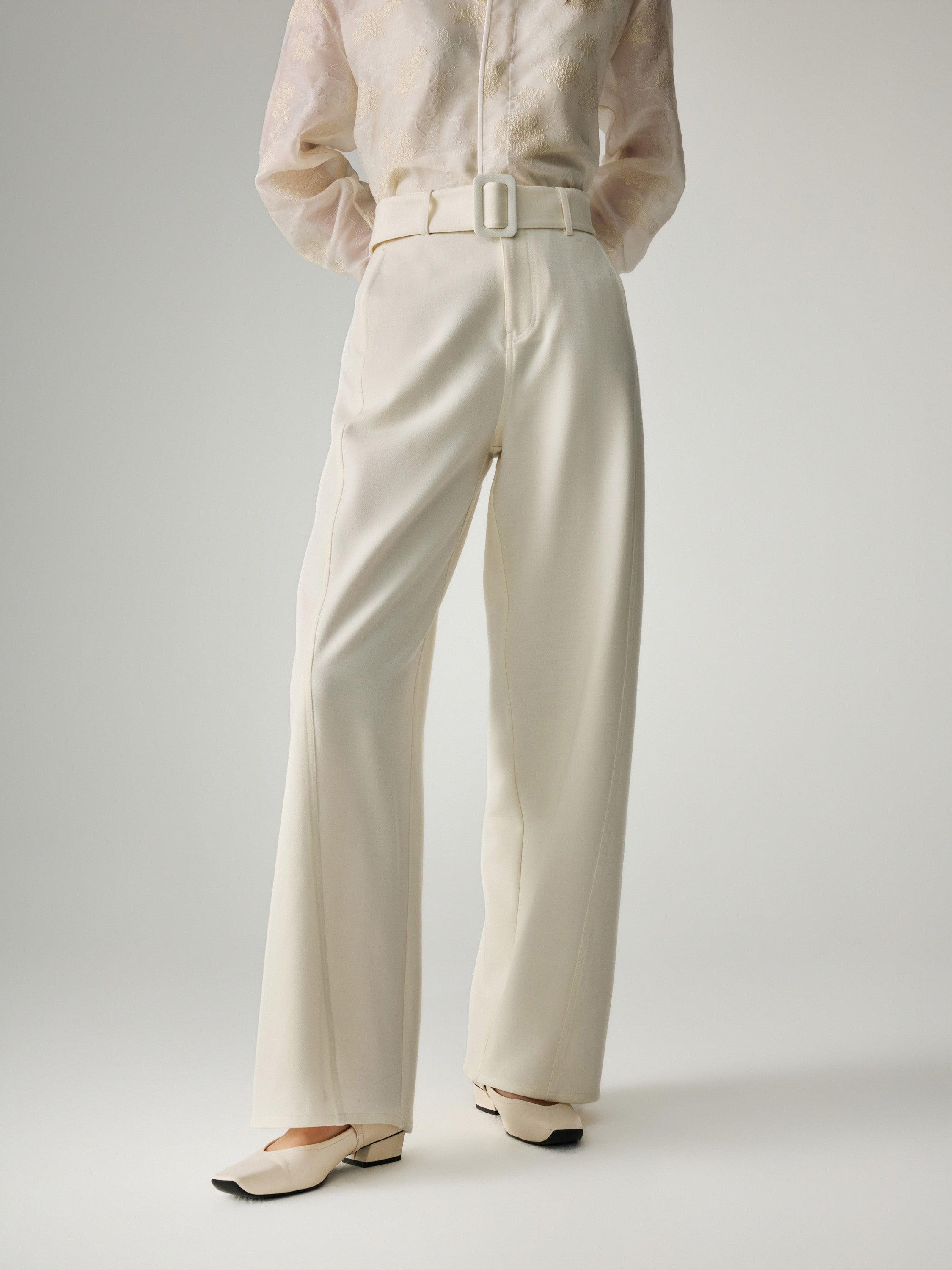 EP YAYING White Stretchy Wool Knit Trousers