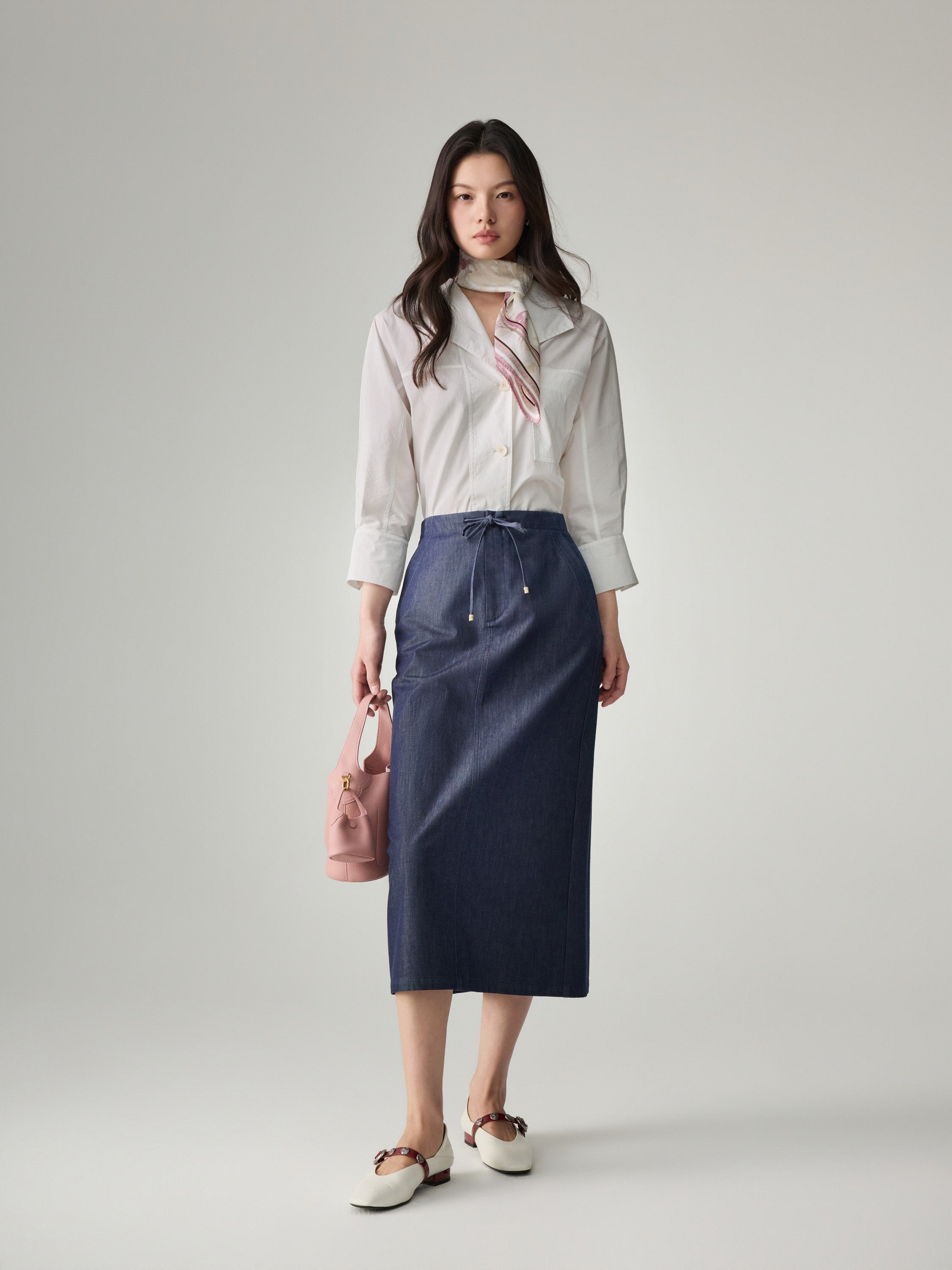 EP YAYING Cotton-Blend Front Slit Midi Skirt