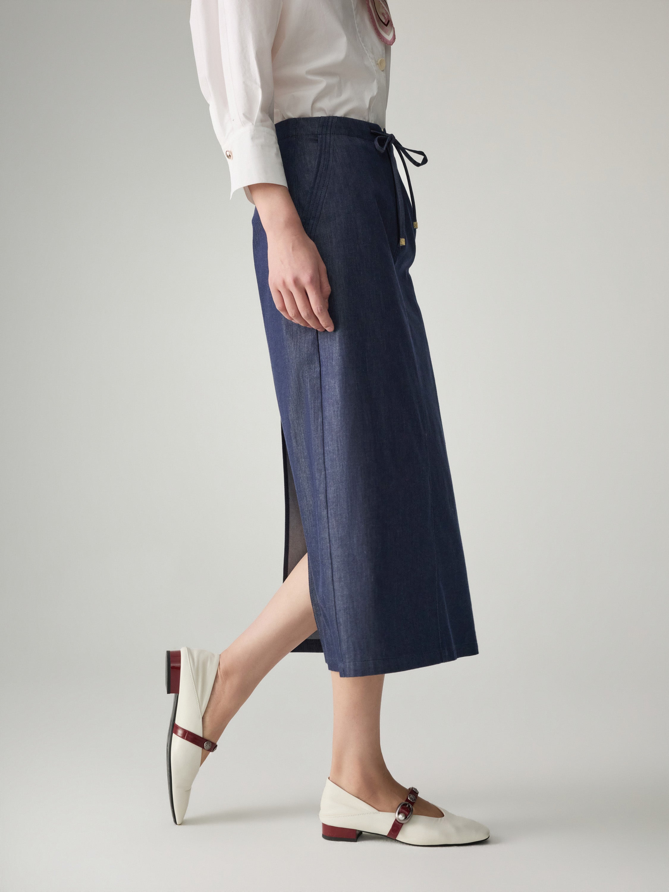 EP YAYING Cotton-Blend Front Slit Midi Skirt