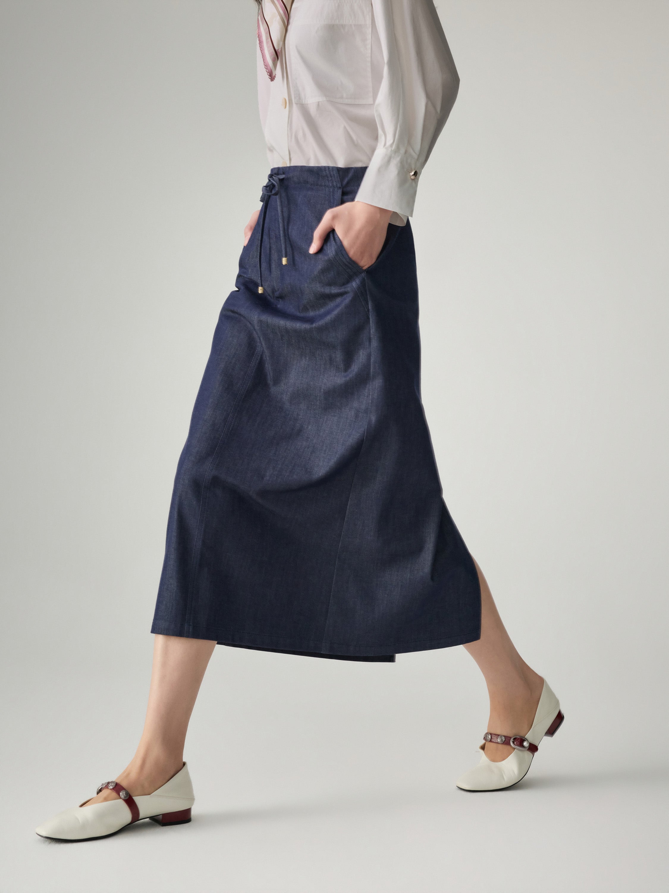 EP YAYING Cotton-Blend Front Slit Midi Skirt